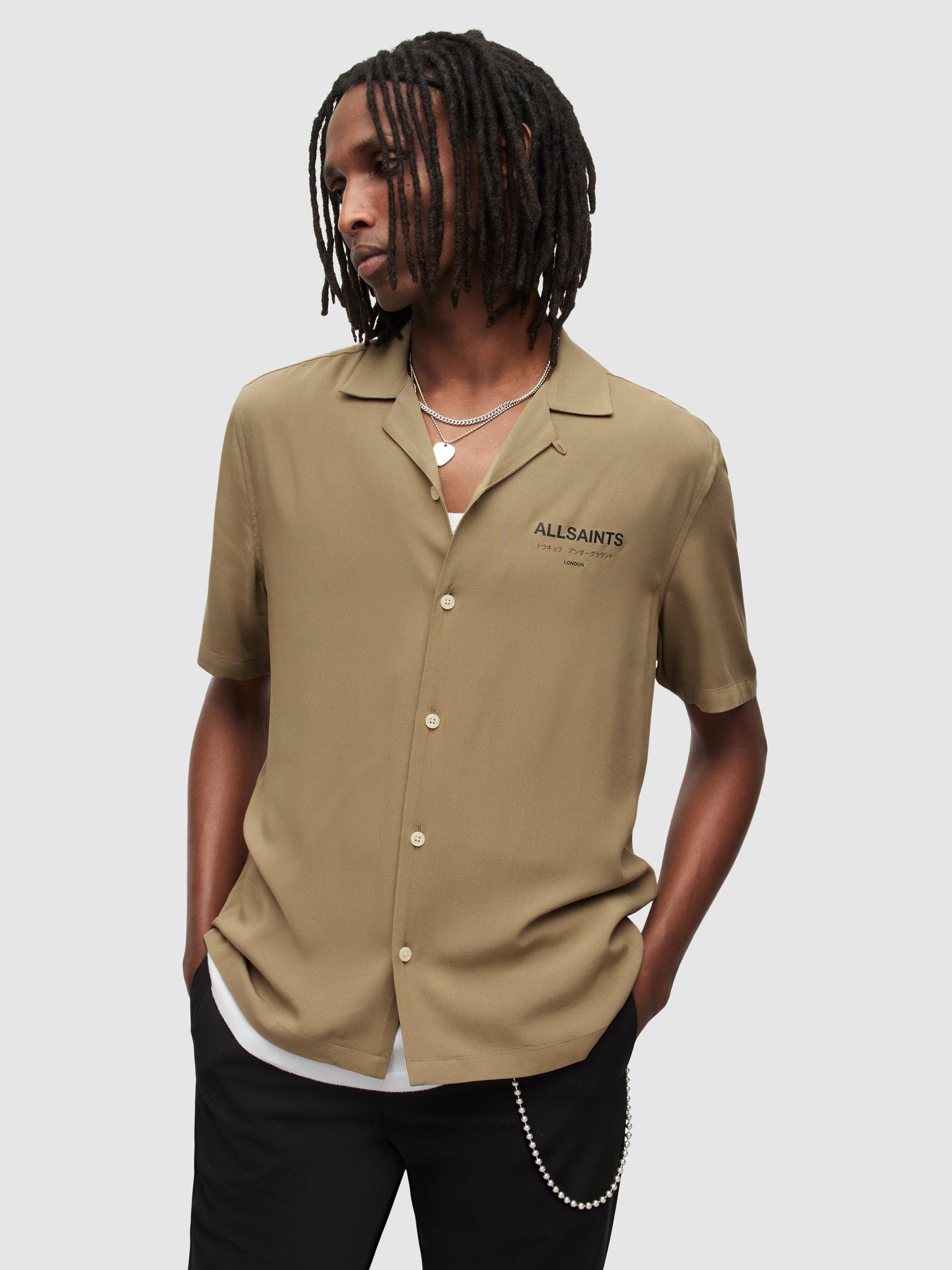 AllSaints Underground Short Sleeve Revere Collar Shirt, Khaki Brown/Jet Black