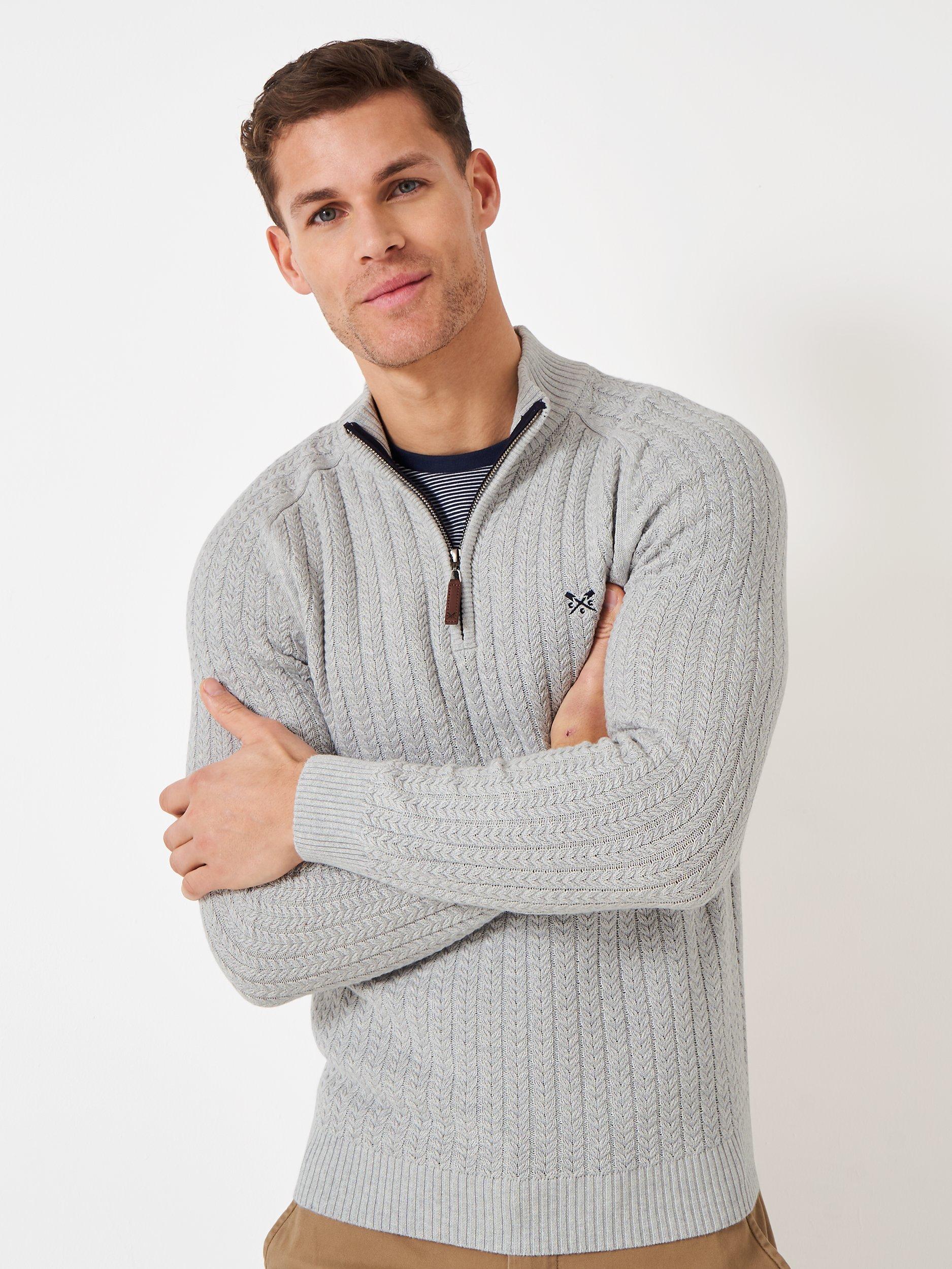 Crew Clothing Herringbone Rib Half Zip Jumper, Graphite Grey