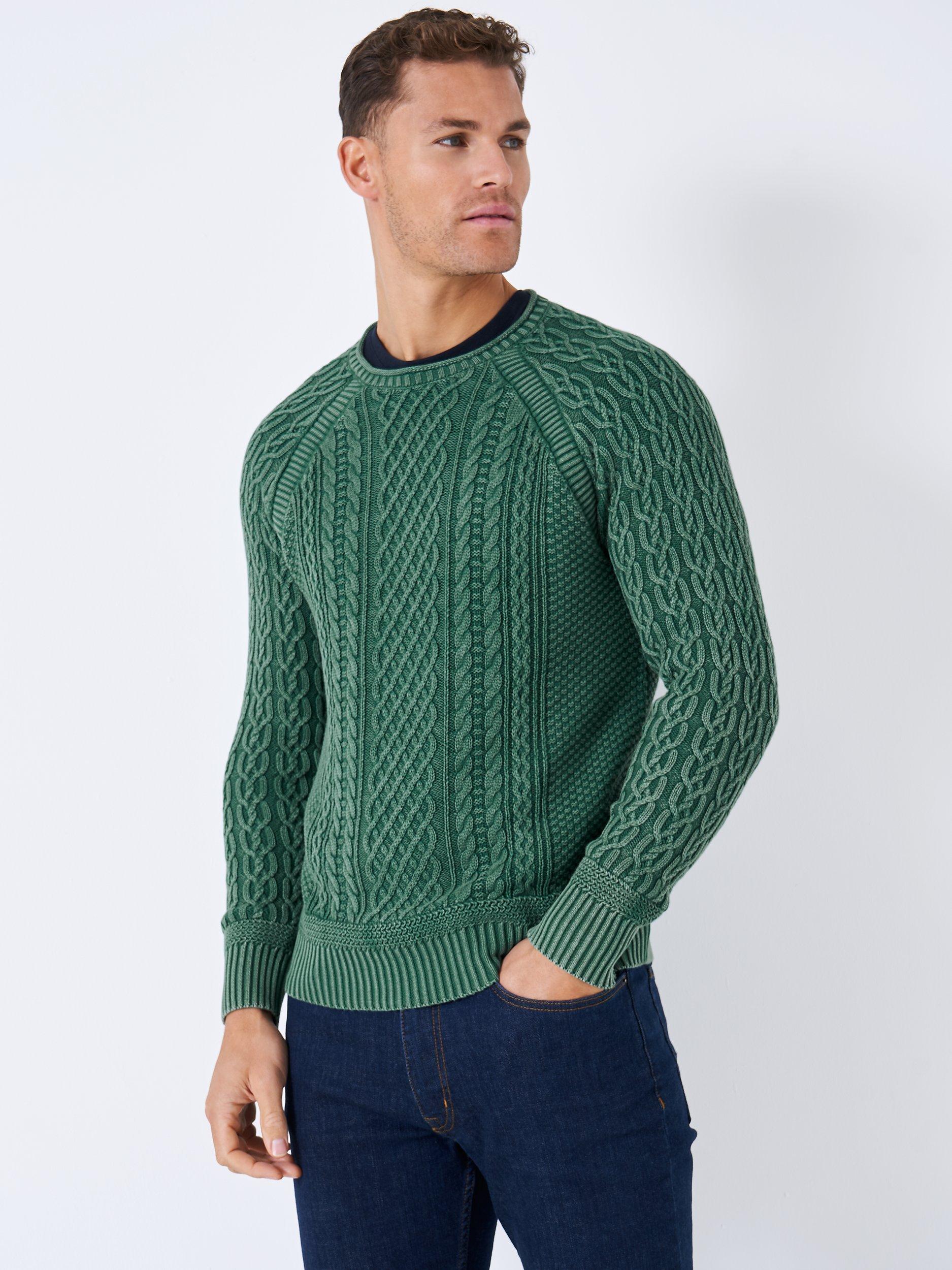 Crew Clothing Washed Cable Knit Crew Neck Jumper, Emerald Green