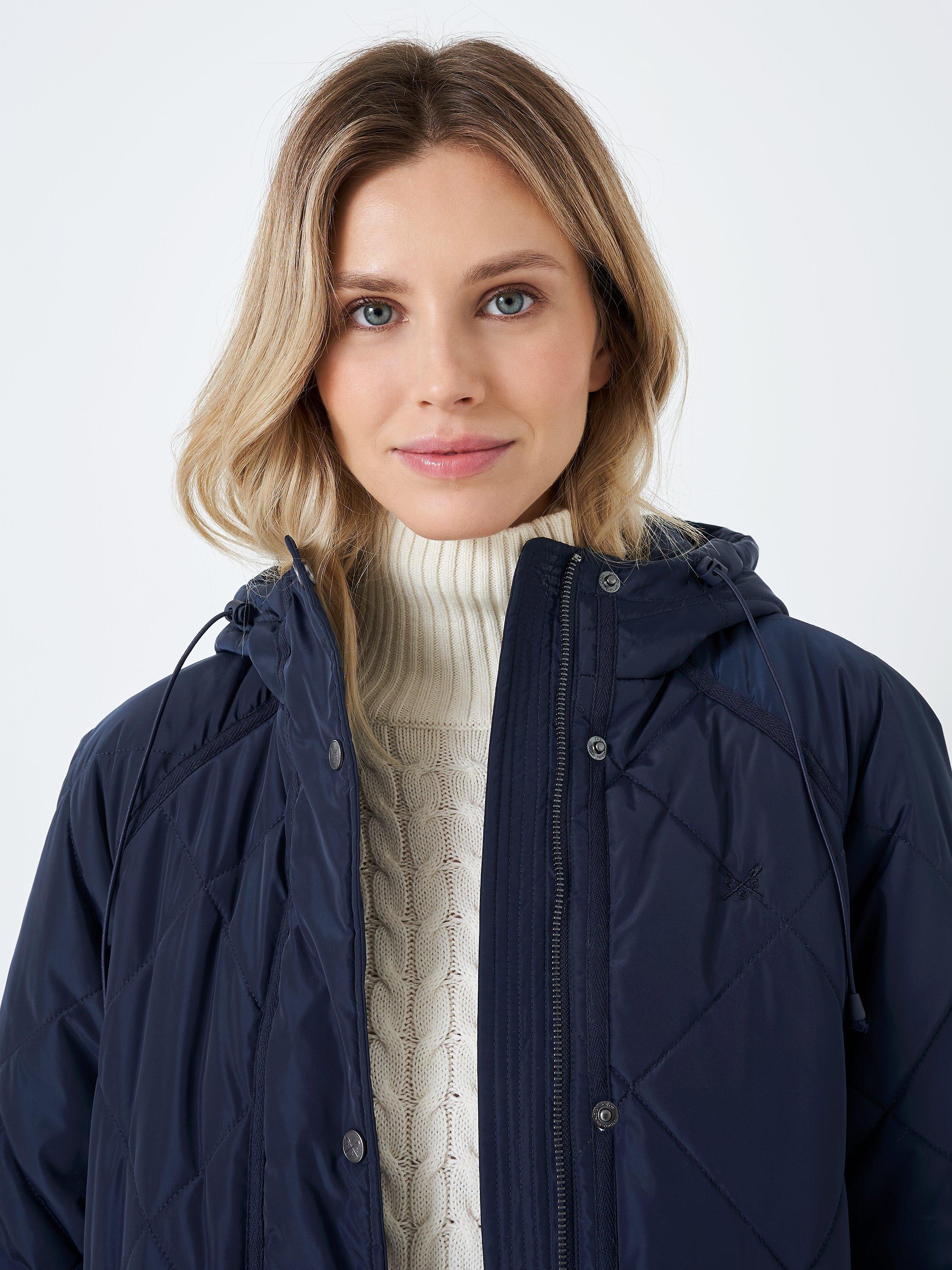 Crew Clothing Zoe Diamond Longline Quilted Coat, Navy Blue