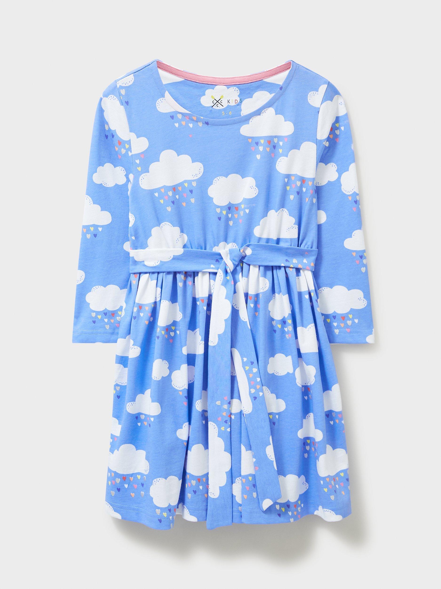 Crew Clothing Kids' Cloud Print Dress, Bright Blue