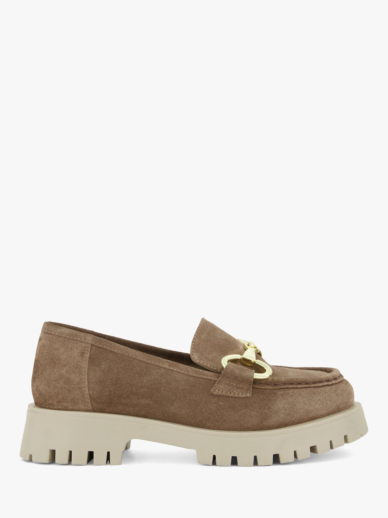 Dune Gazed Cleated Block Heel Suede Loafers, Caramel
