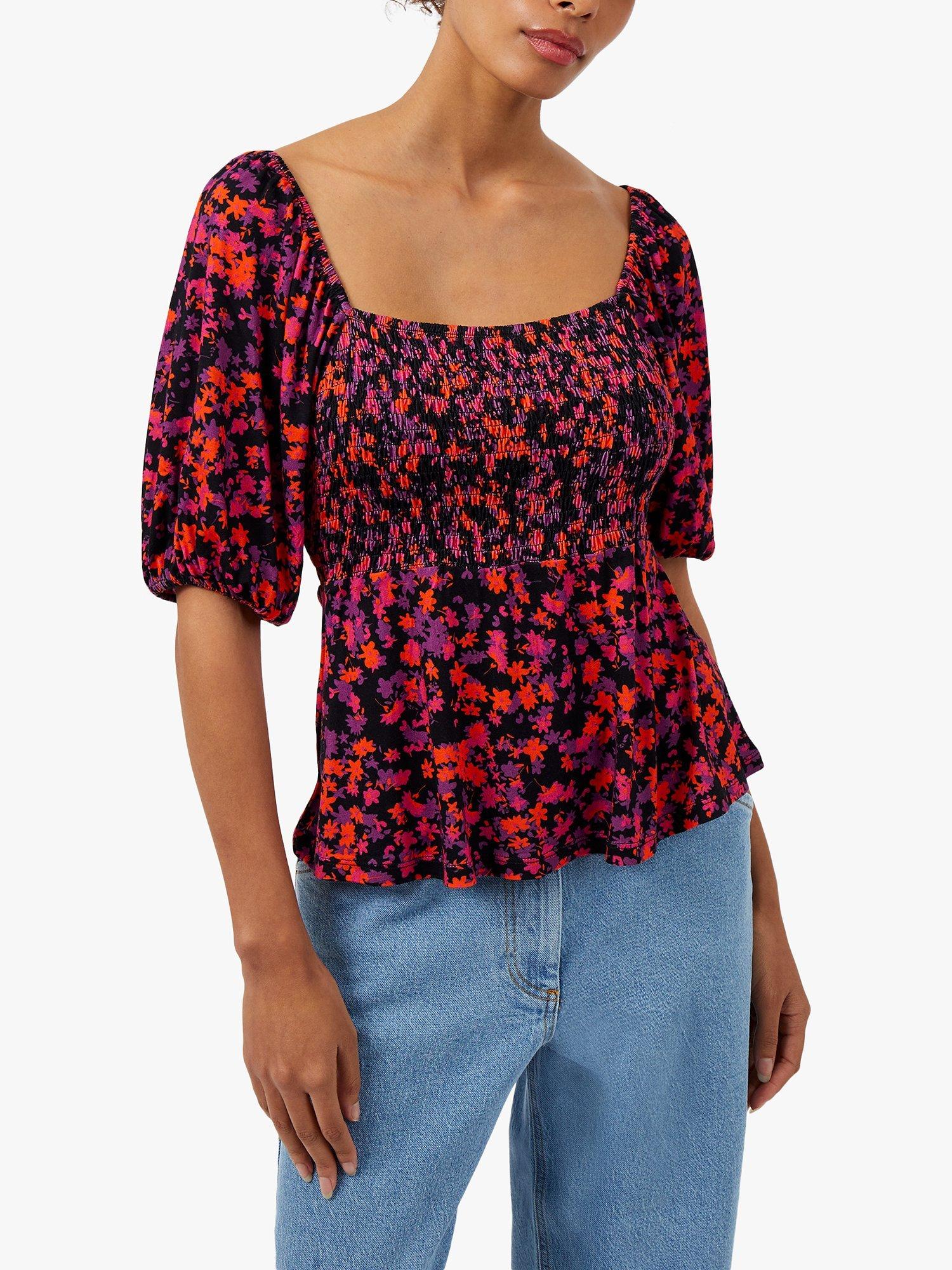 Great Plains Grenada Jersey Smocked Top, Black/Multi