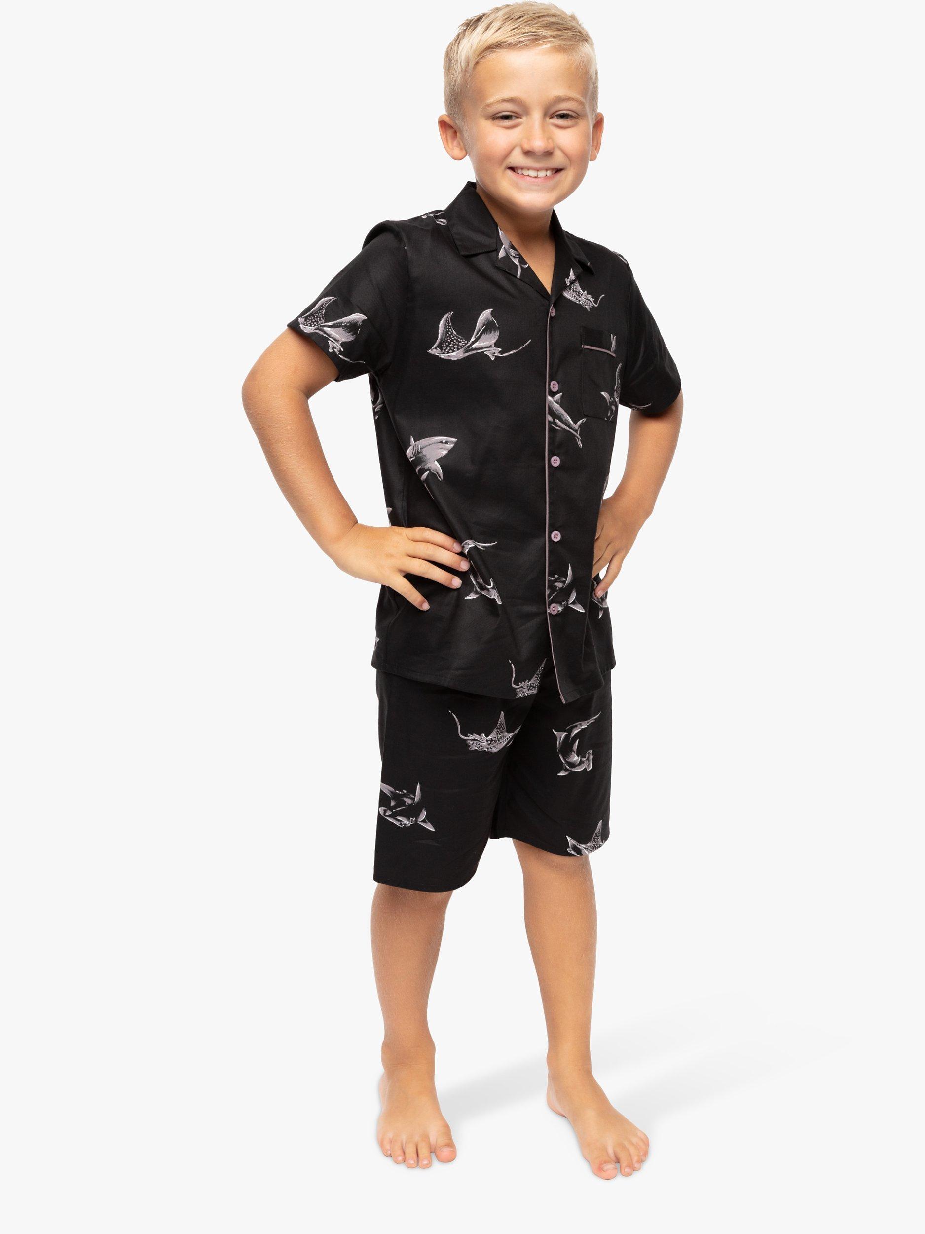 Product image 1 of 4, which shows Minijammies Kids' Mason Shark Print Pyjama Shorts Set, Black, 2-3 years