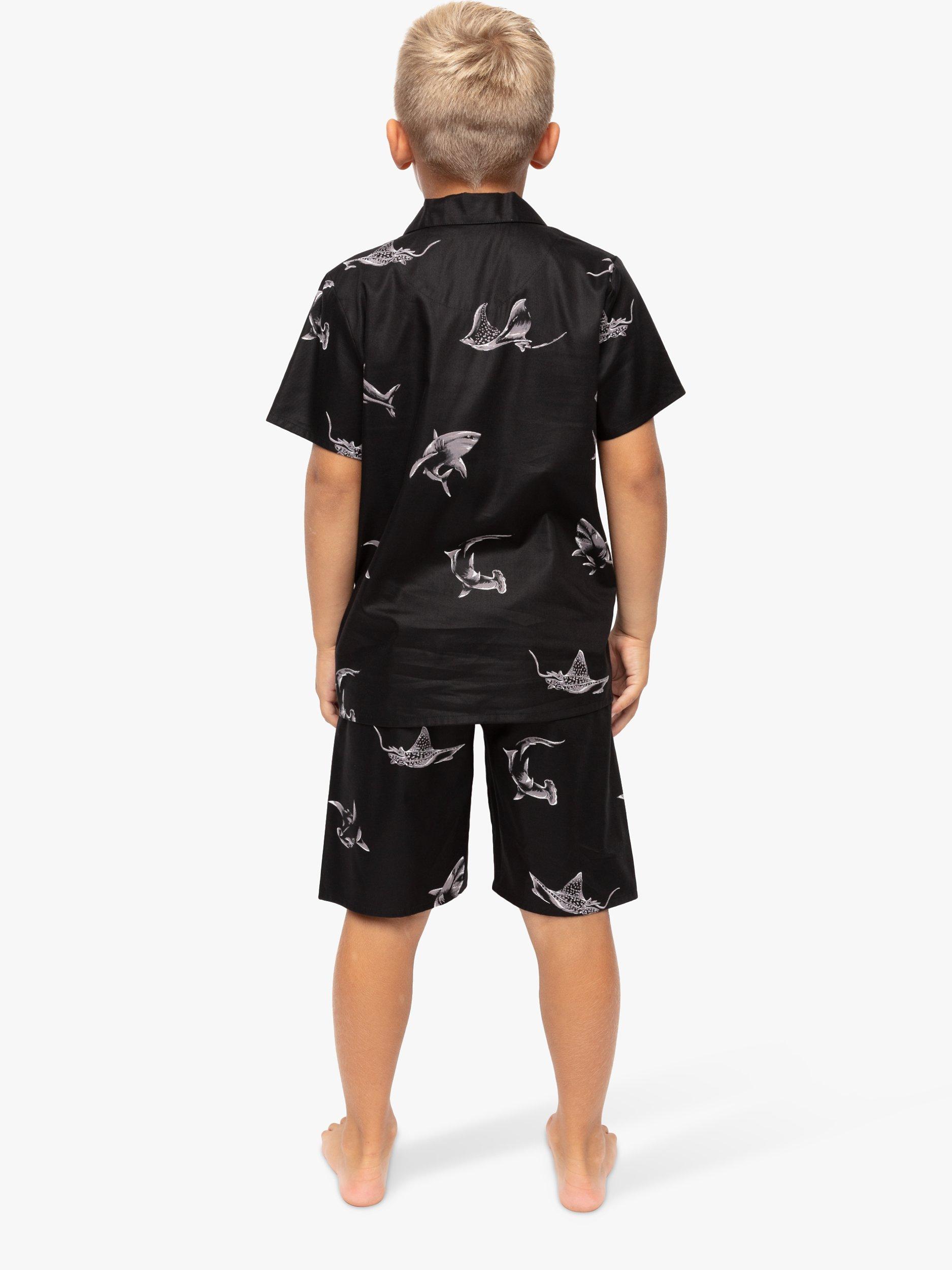 Product image 2 of 4, which shows Minijammies Kids' Mason Shark Print Pyjama Shorts Set, Black, 2-3 years