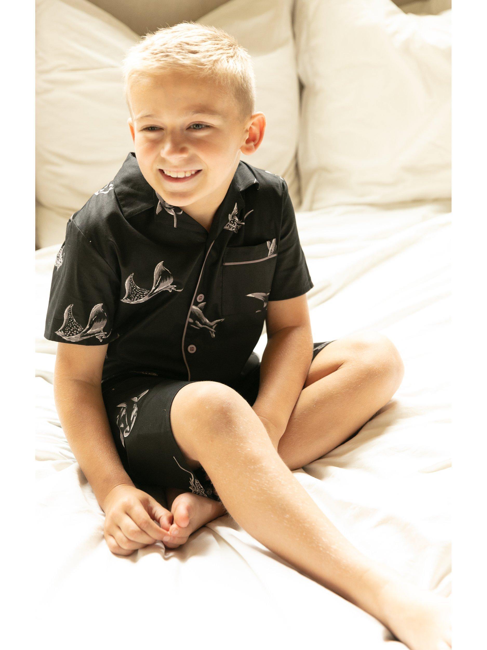 Product image 4 of 4, which shows Minijammies Kids' Mason Shark Print Pyjama Shorts Set, Black, 2-3 years