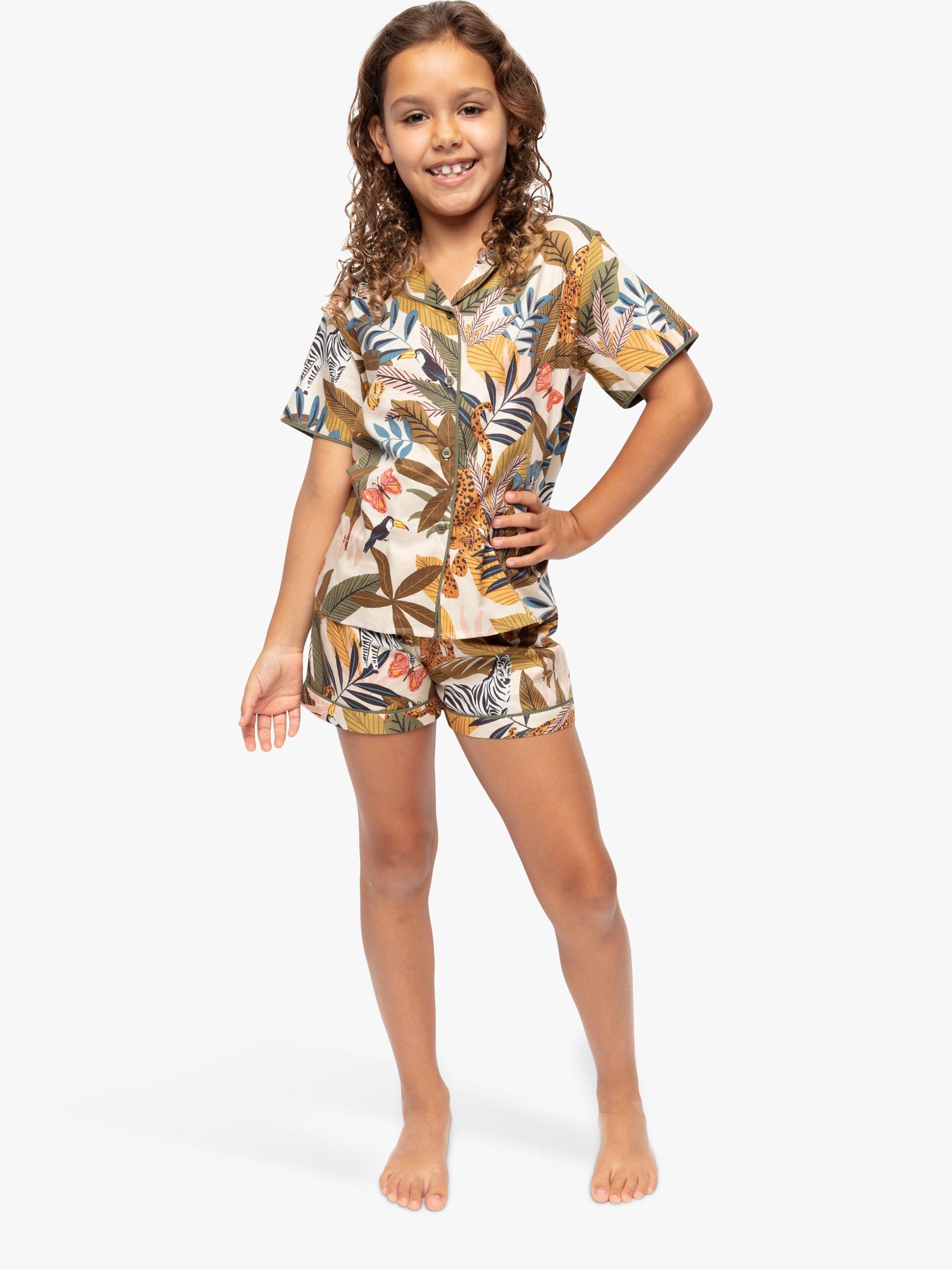 Product image 1 of 4, which shows Minijammies Kids' Savannah Safari Print Pyjama Shorts Set, Olive Green, 2-3 years