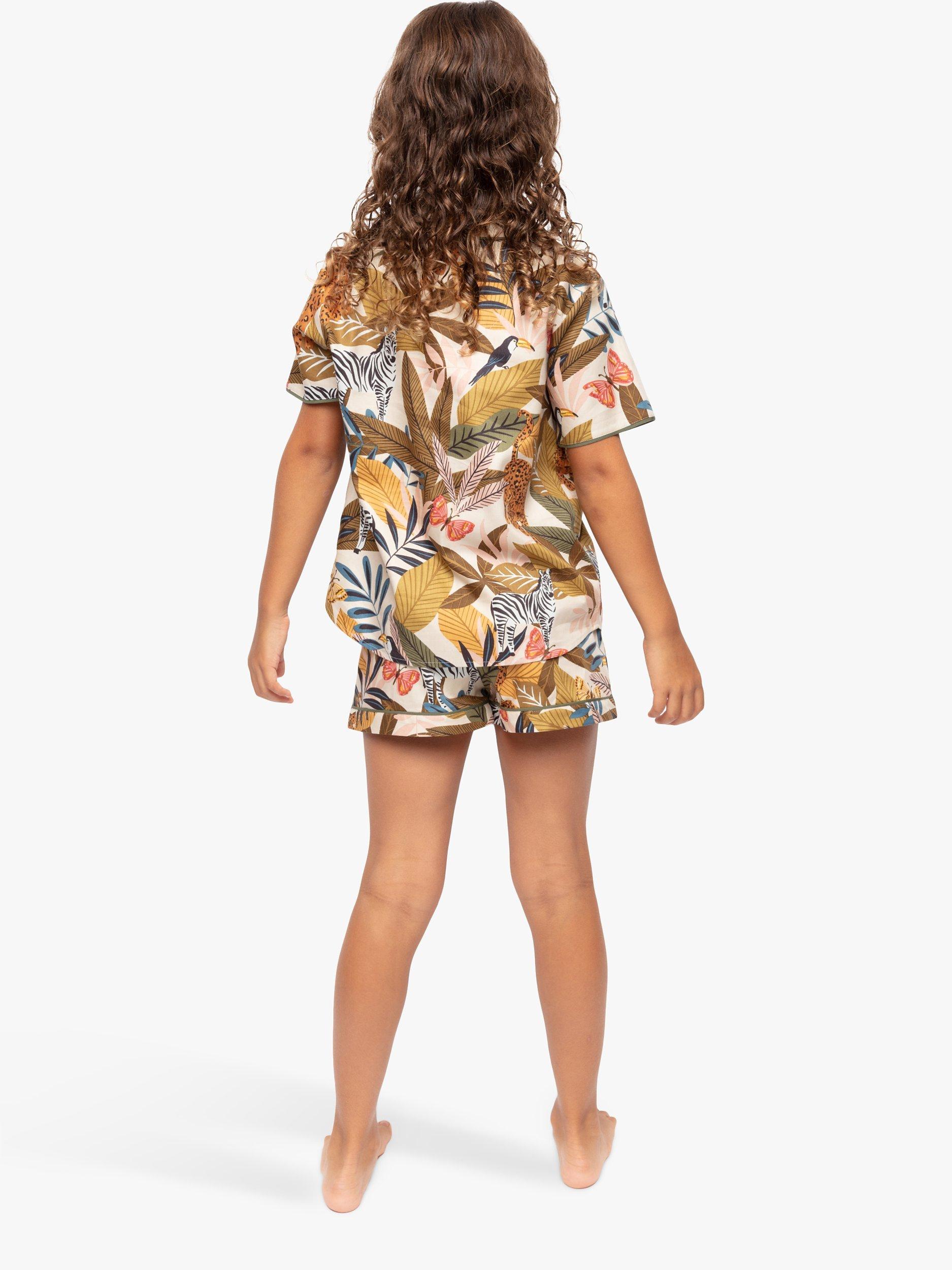 Product image 2 of 4, which shows Minijammies Kids' Savannah Safari Print Pyjama Shorts Set, Olive Green, 2-3 years