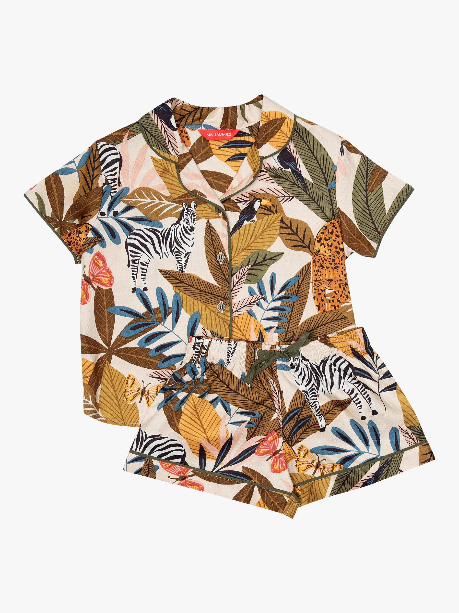 Product image 3 of 4, which shows Minijammies Kids' Savannah Safari Print Pyjama Shorts Set, Olive Green, 2-3 years