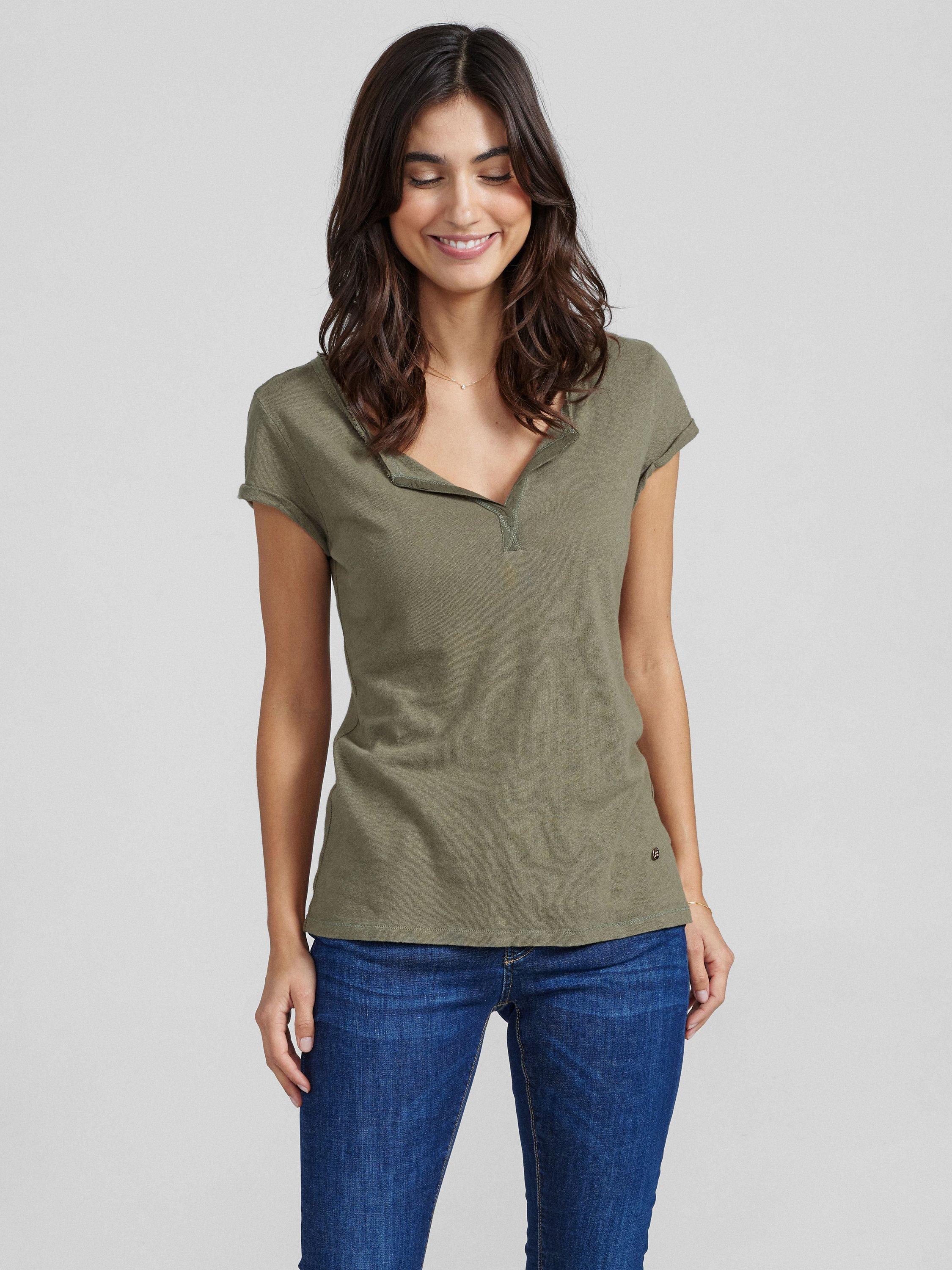 Product image 1 of 4, which shows MOS MOSH Troy Cotton & Linen Blend V Neck T-Shirt, Army, XS