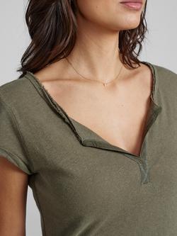 MOS MOSH Troy Cotton & Linen Blend V Neck T-Shirt - view 2, Army