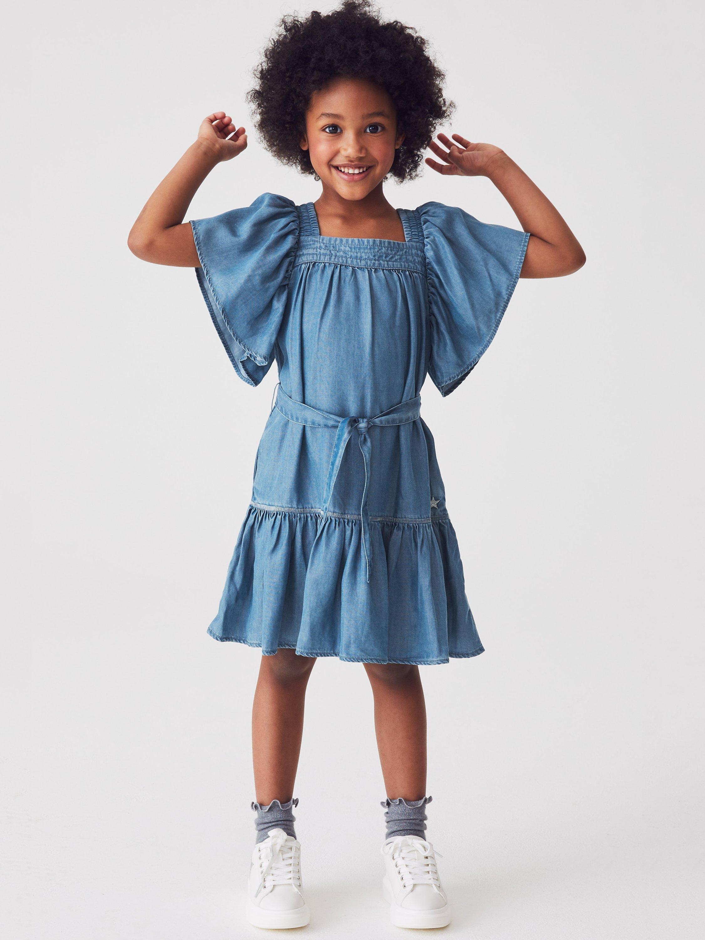Mint Velvet Kids' Angel Sleeve Tiered Dress, Denim