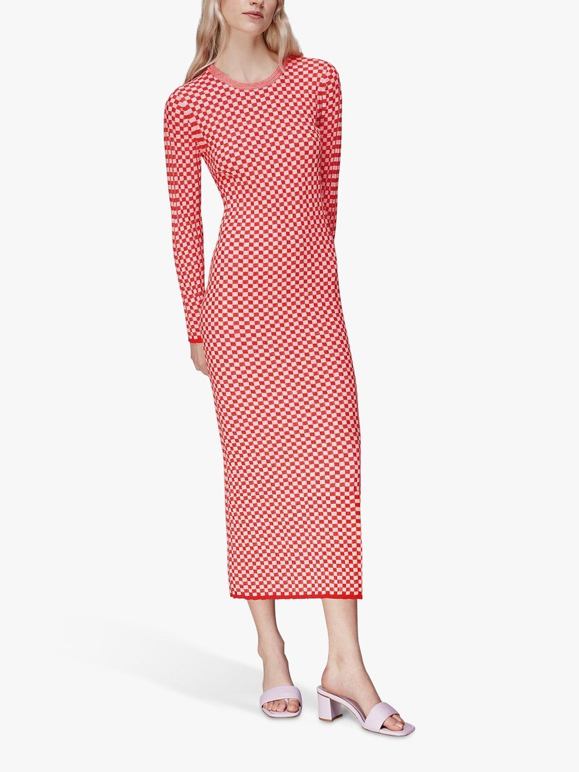 Product image 1 of 7, which shows Whistles Checkerboard Knit Midi Dress, Red/White, 16