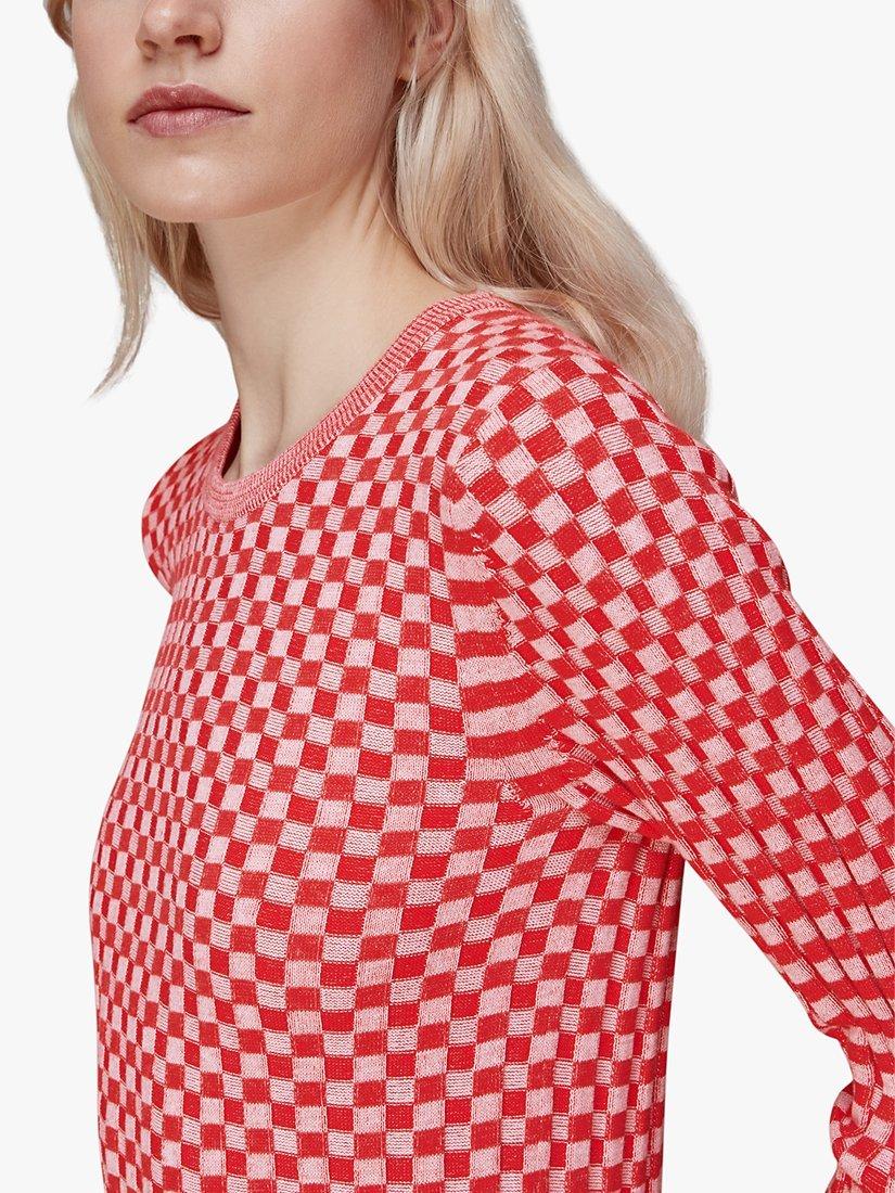 Product image 4 of 7, which shows Whistles Checkerboard Knit Midi Dress, Red/White, 16