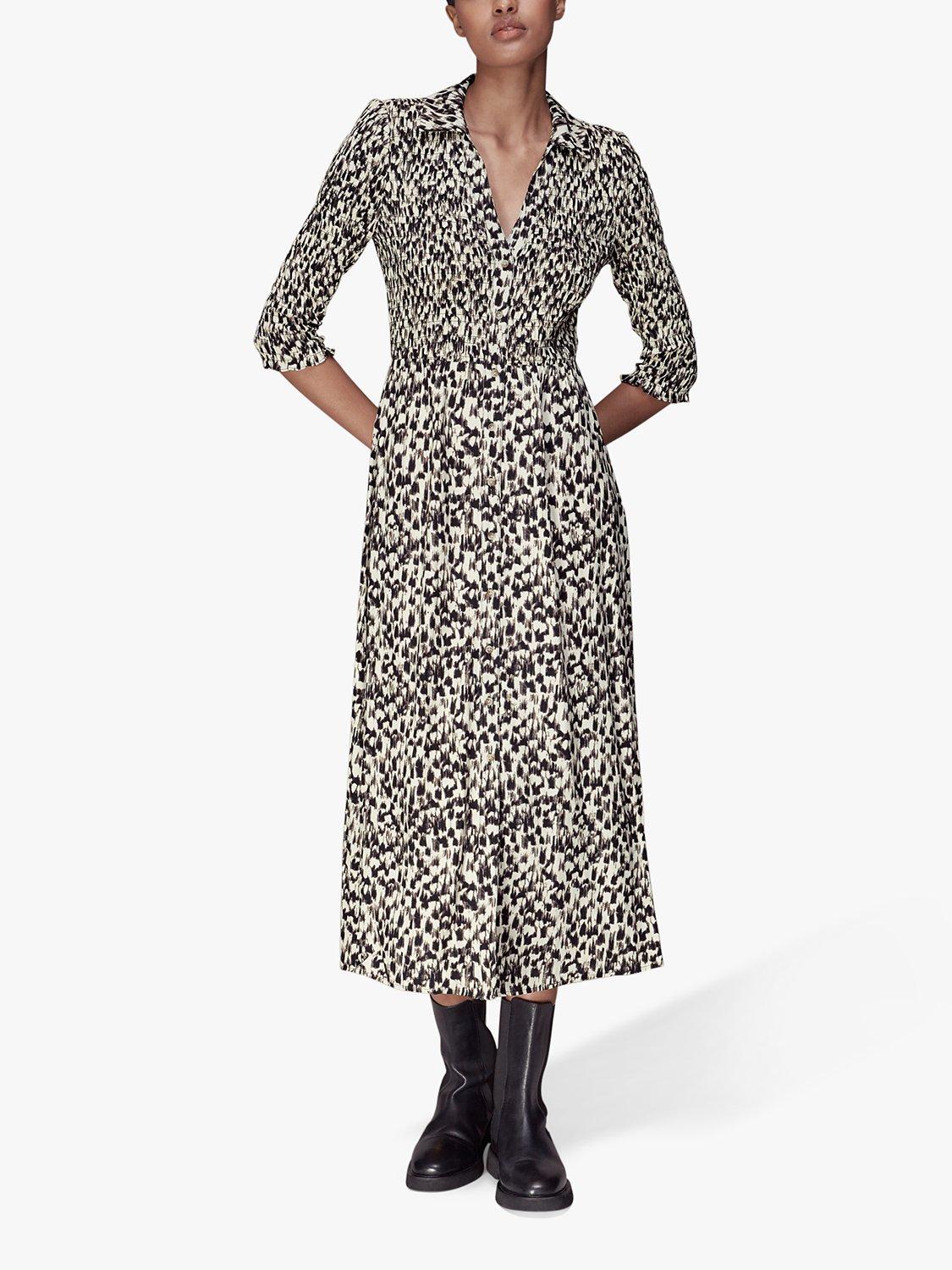 Whistles Speeding Squares Midi Shirred Shirt Dress, Black/Multi