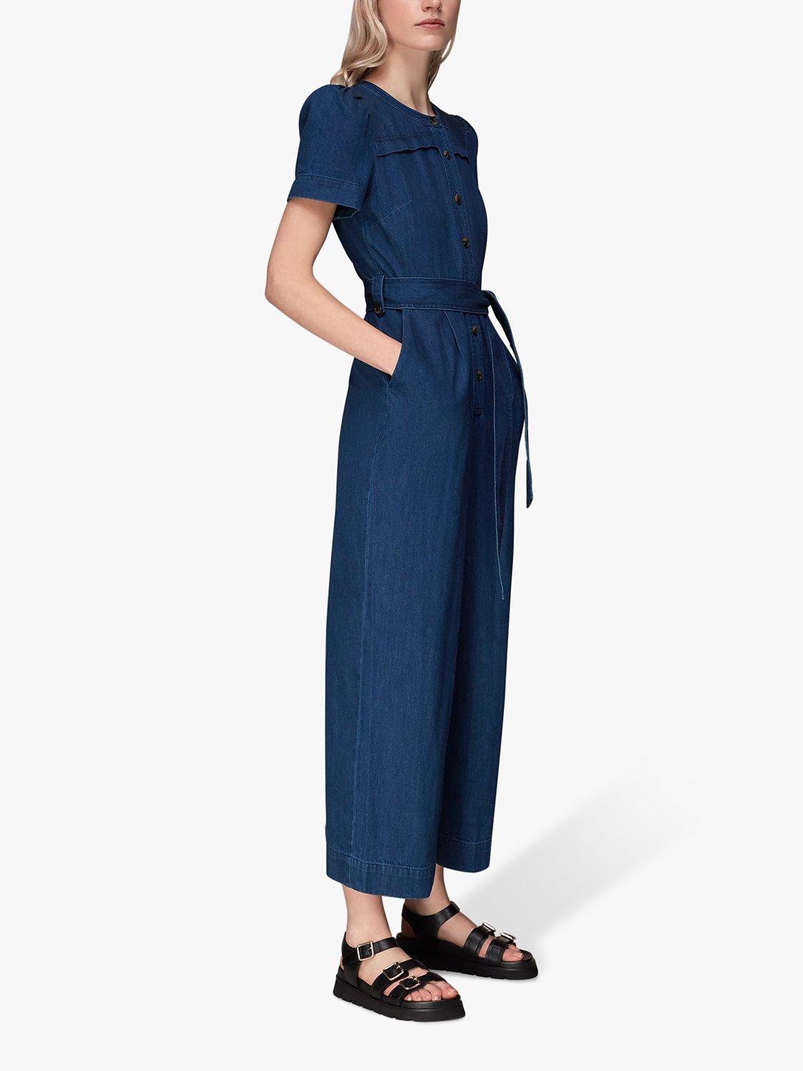 Product image 1 of 7, which shows Whistles Alana Wide Leg Denim Jumpsuit, Dark Blue, 6