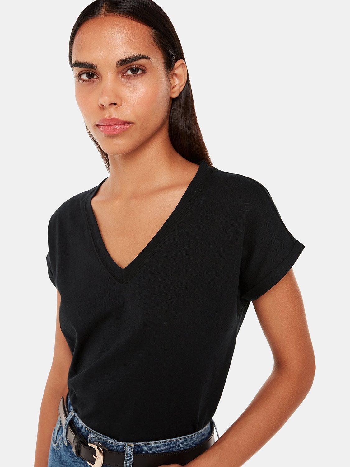 Product image 1 of 6, which shows Whistles Willa V-Neck Cap Sleeve T-Shirt, Black, XS