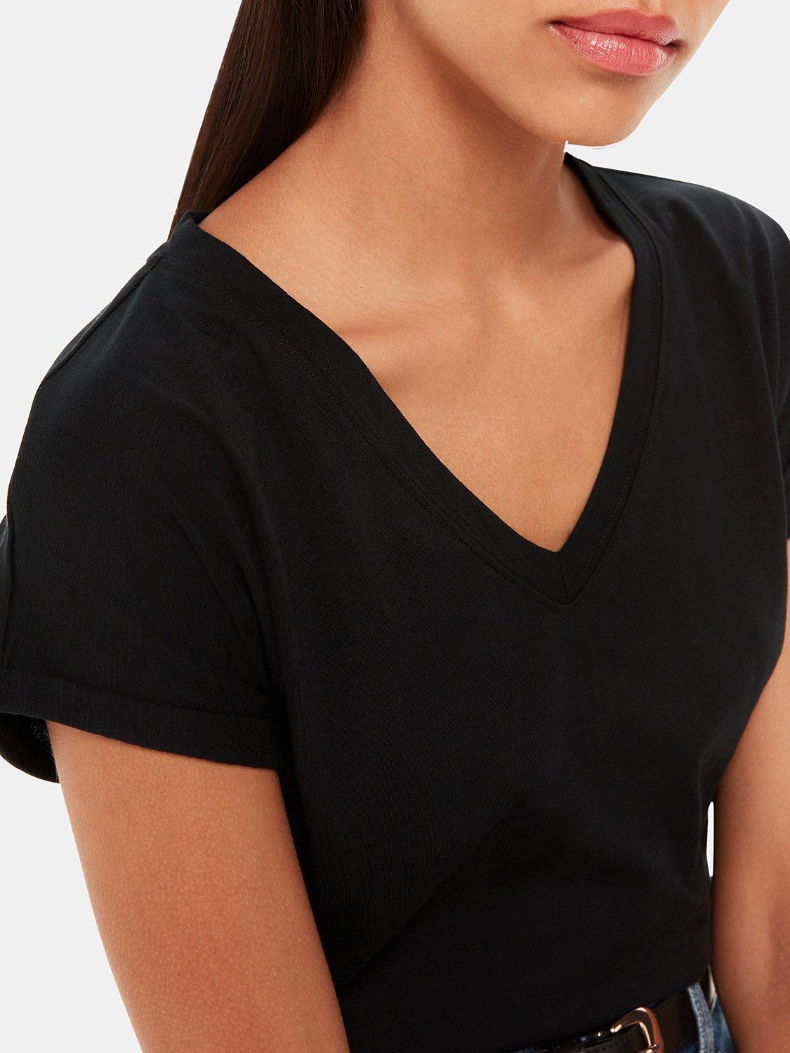 Product image 3 of 6, which shows Whistles Willa V-Neck Cap Sleeve T-Shirt, Black, XS