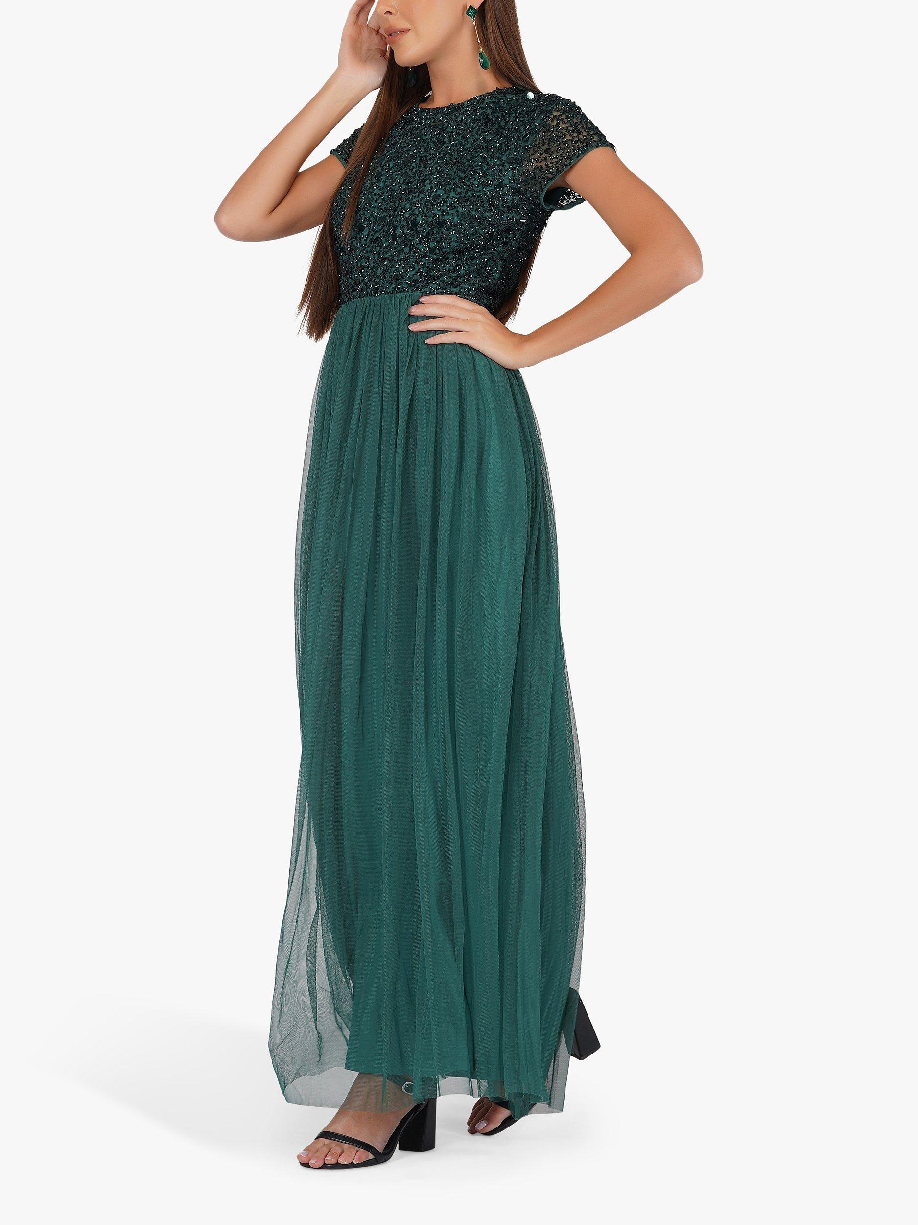 Lace & Beads Picasso Embellished Bodice Maxi Dress, Emerald Green, 8