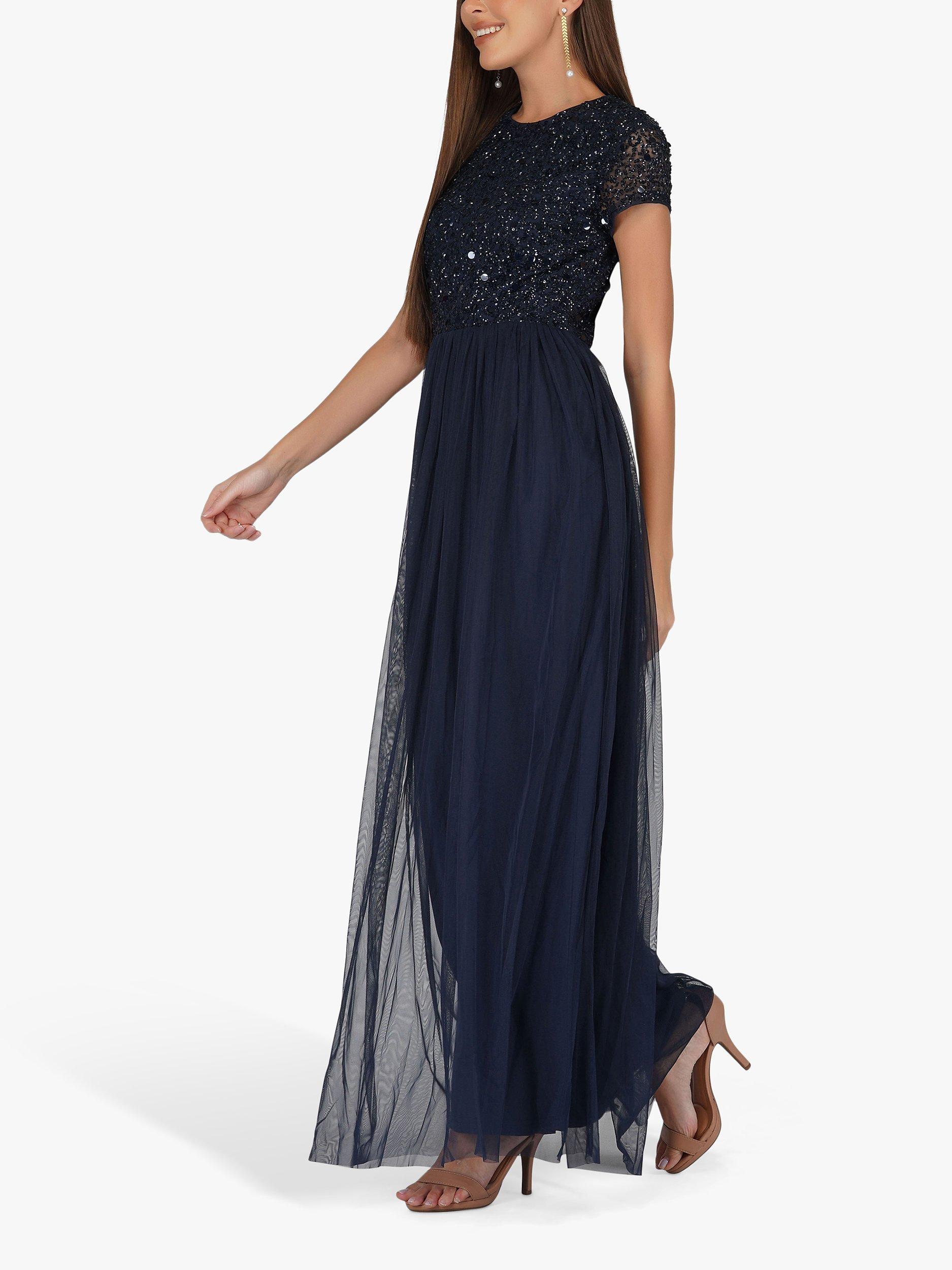 Lace Beads Picasso Embellished Bodice Maxi Dress Navy