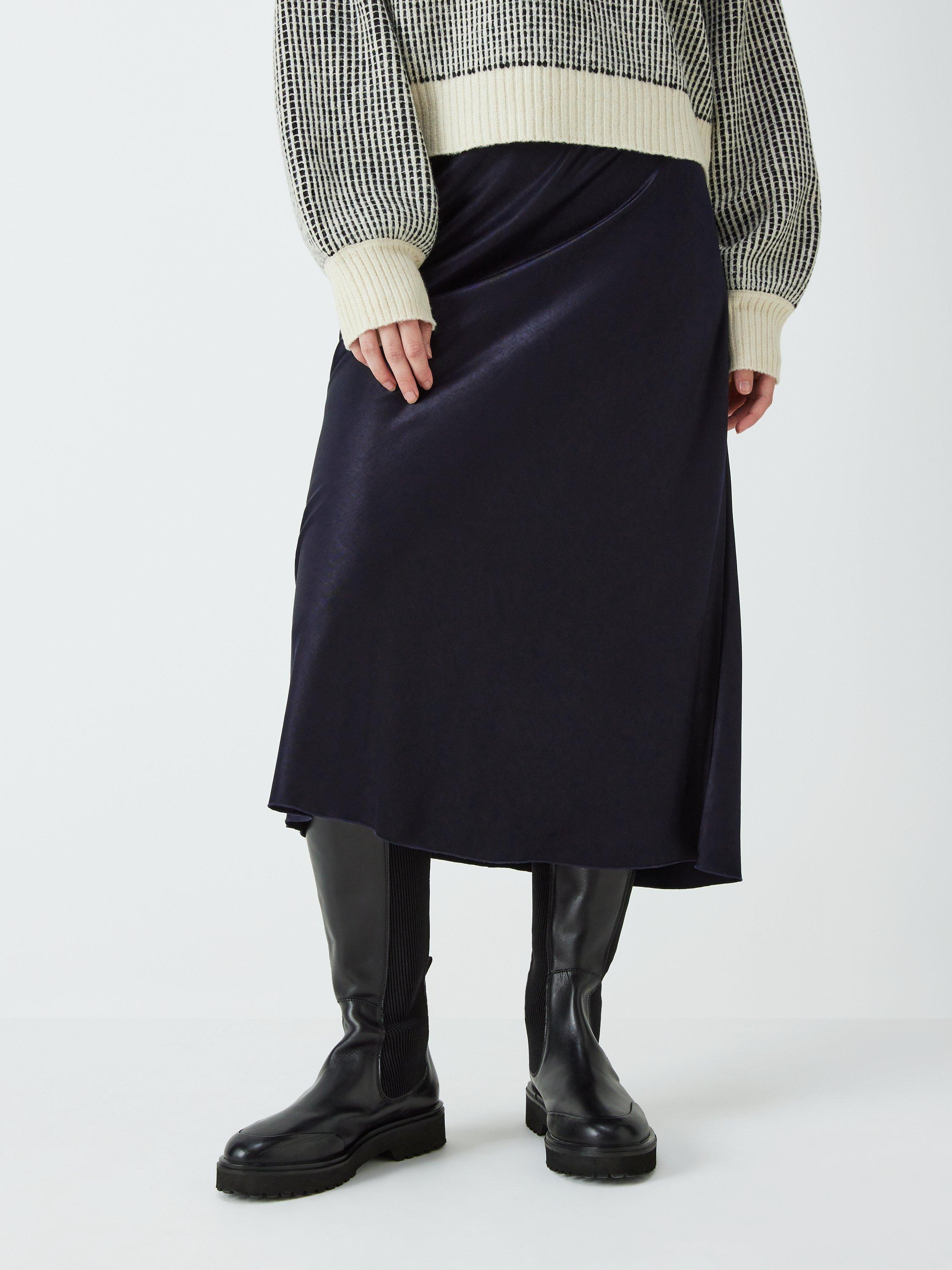 John Lewis ANYDAY Plain Bias Cut Satin Midi Skirt, Navy