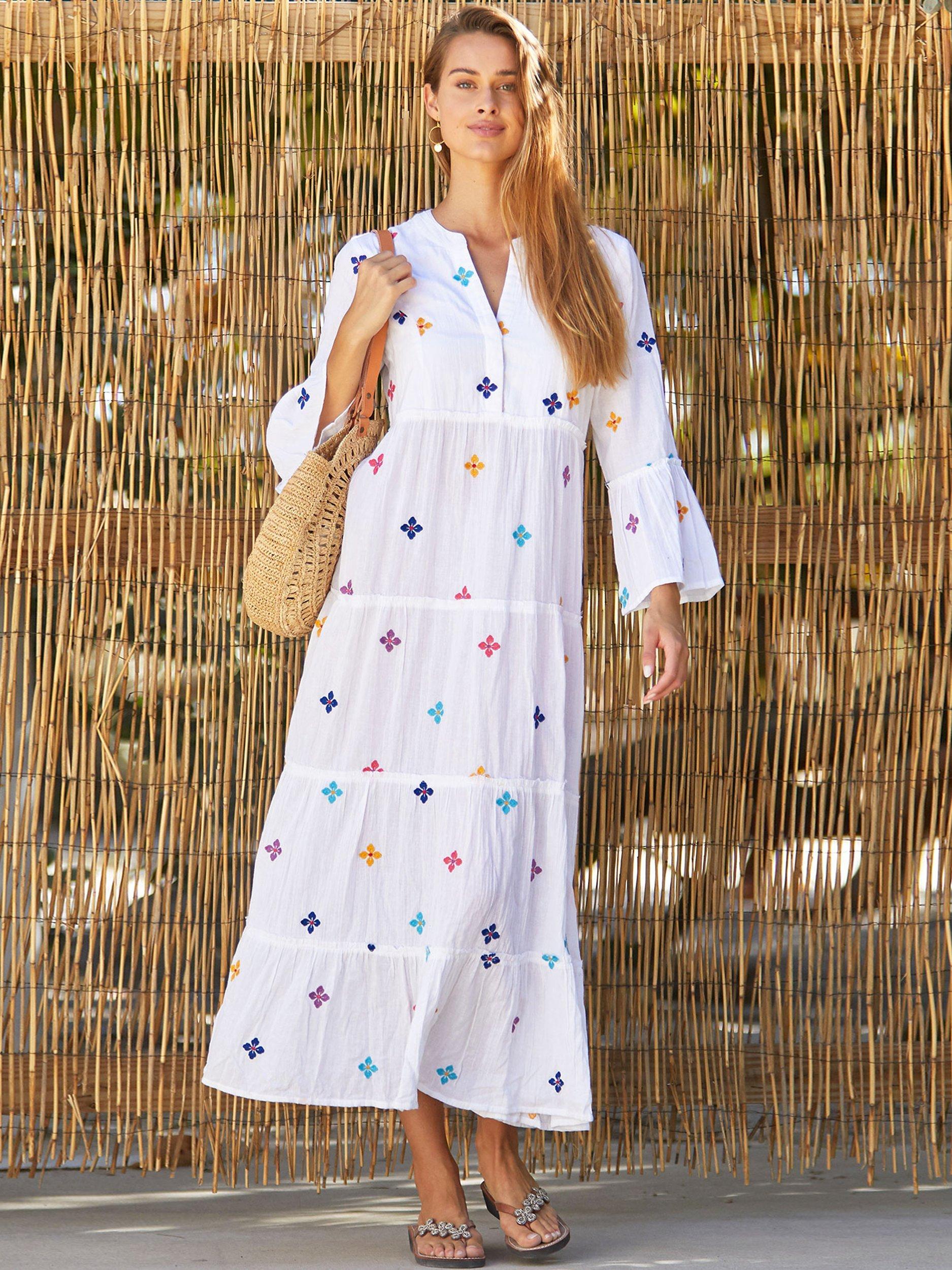 Product image 1 of 9, which shows Aspiga Florence Embroidered Cotton Tiered Maxi Dress, White/Multi, XXS