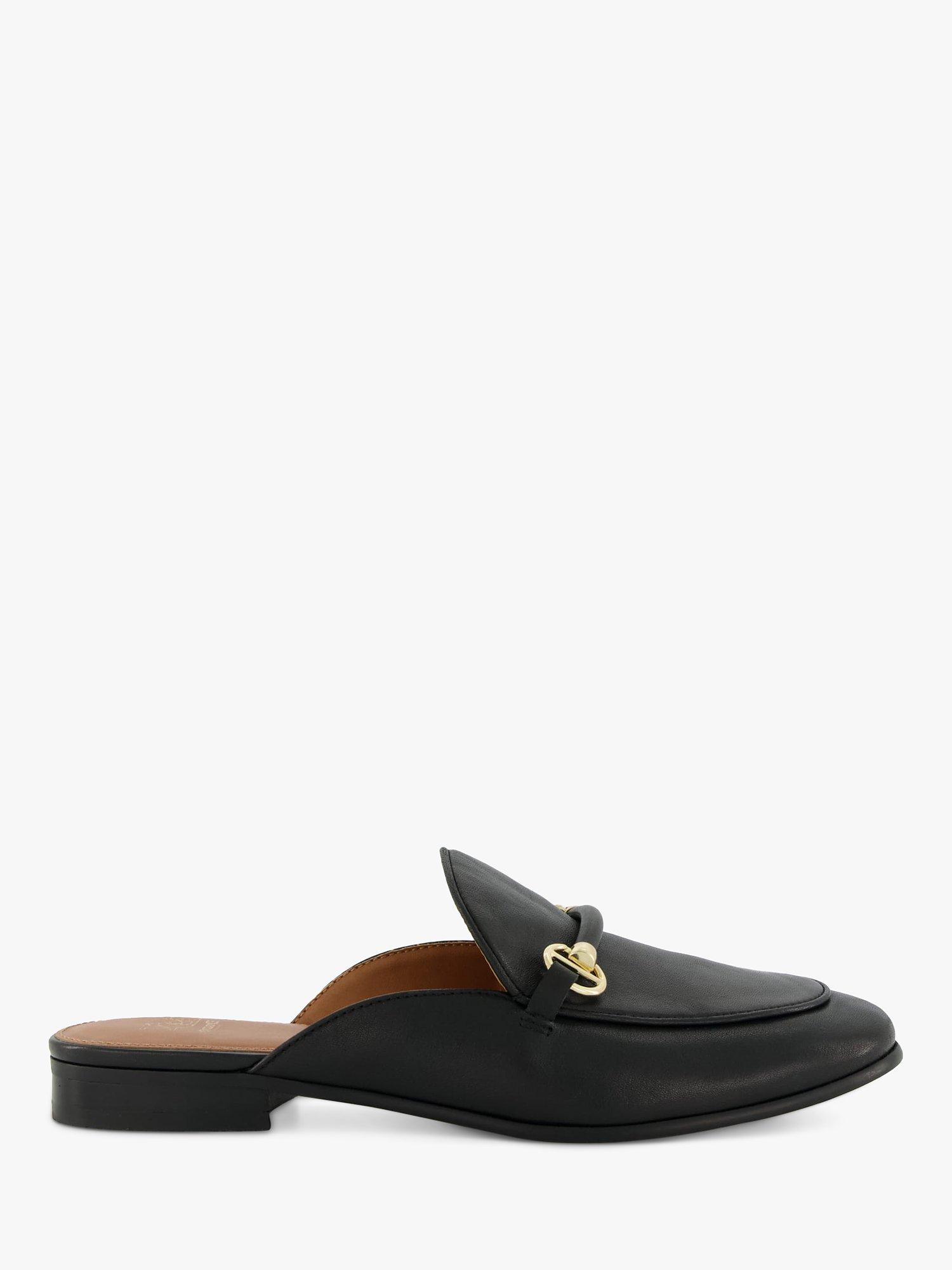 Dune Glowed Leather Snaffle Trim Backless Loafers, Black