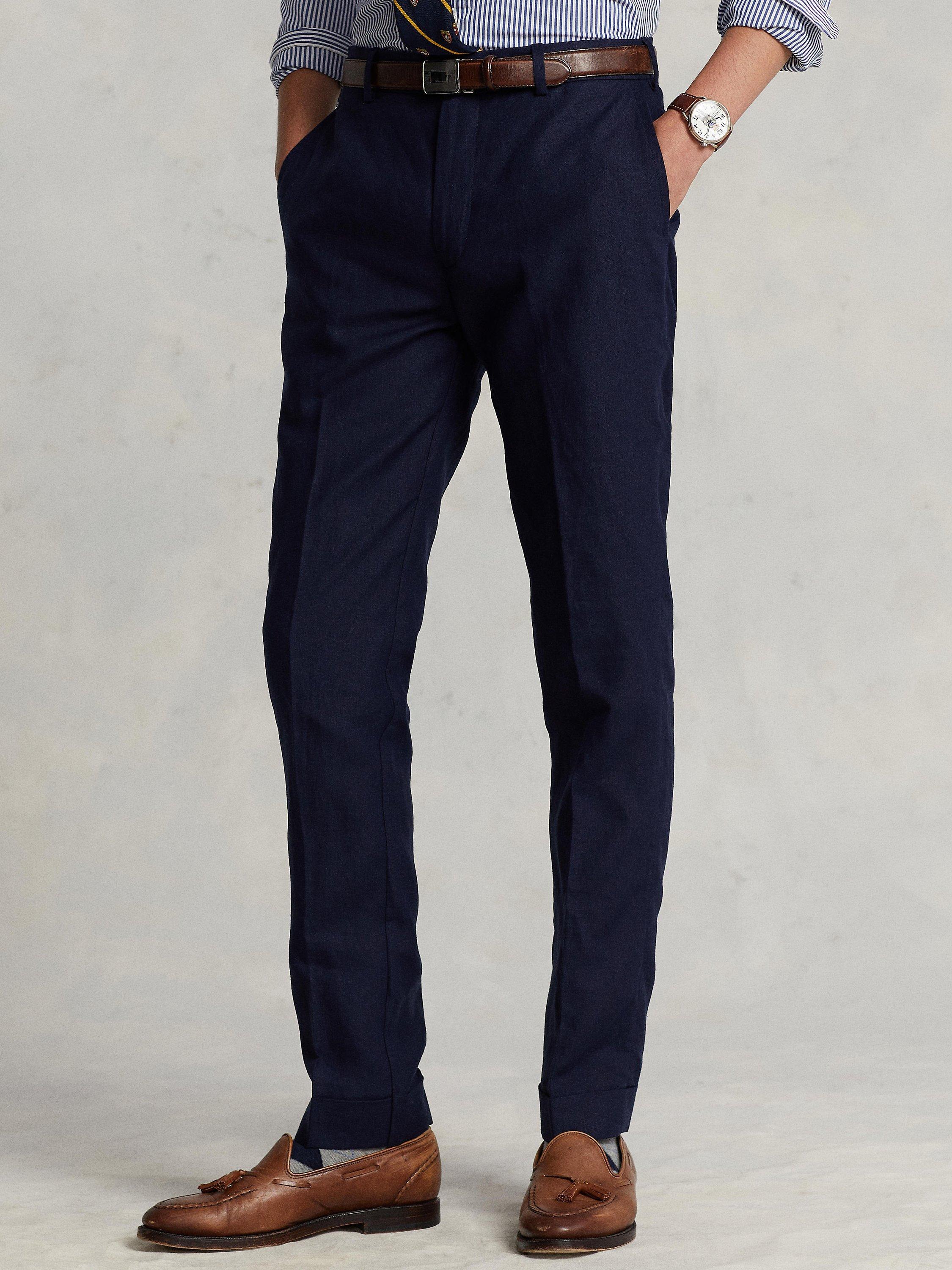 Product image 1 of 7, which shows Ralph Lauren Textured Linen Trousers, Navy, 34R