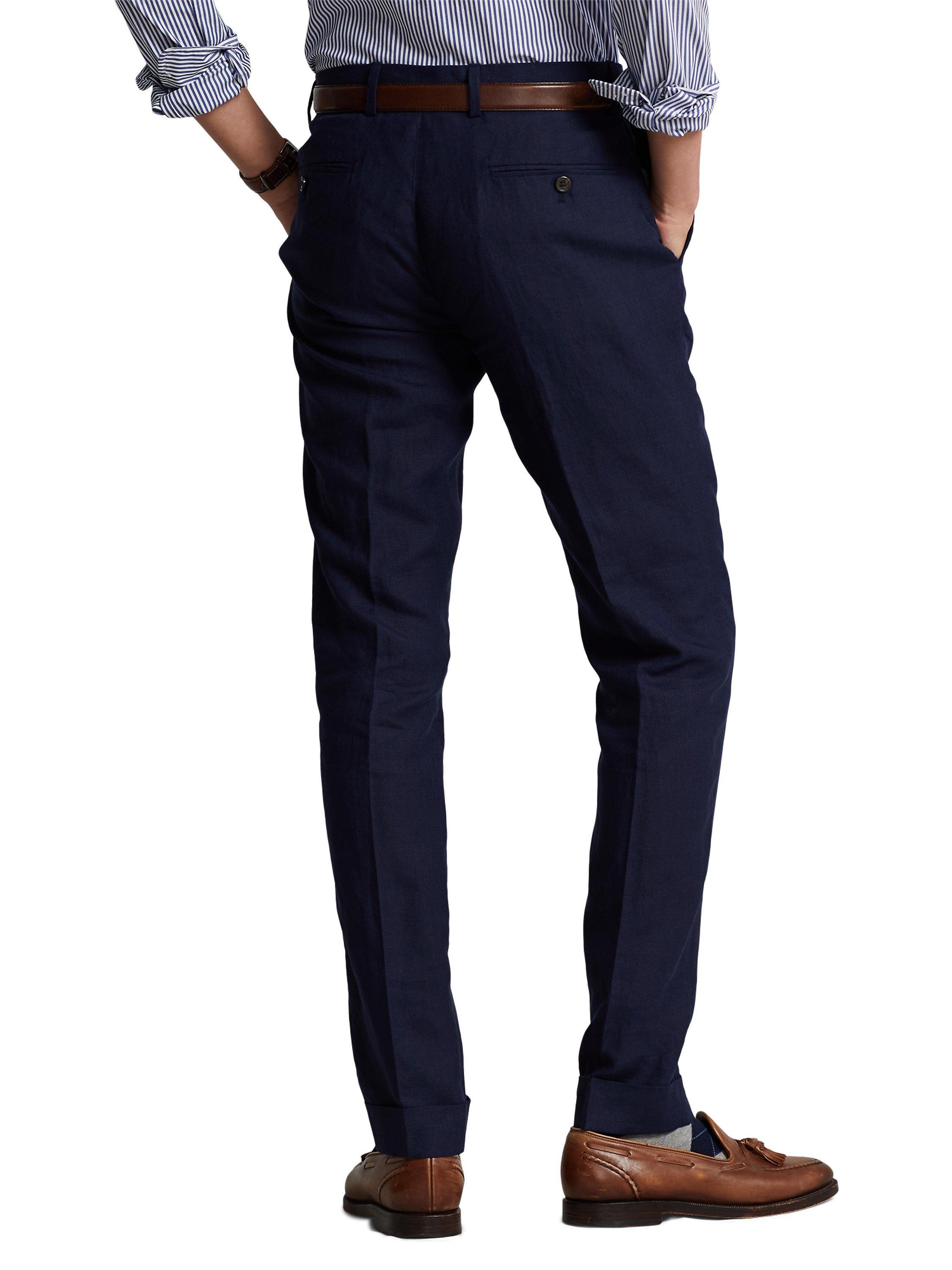 Product image 6 of 7, which shows Ralph Lauren Textured Linen Trousers, Navy, 34R