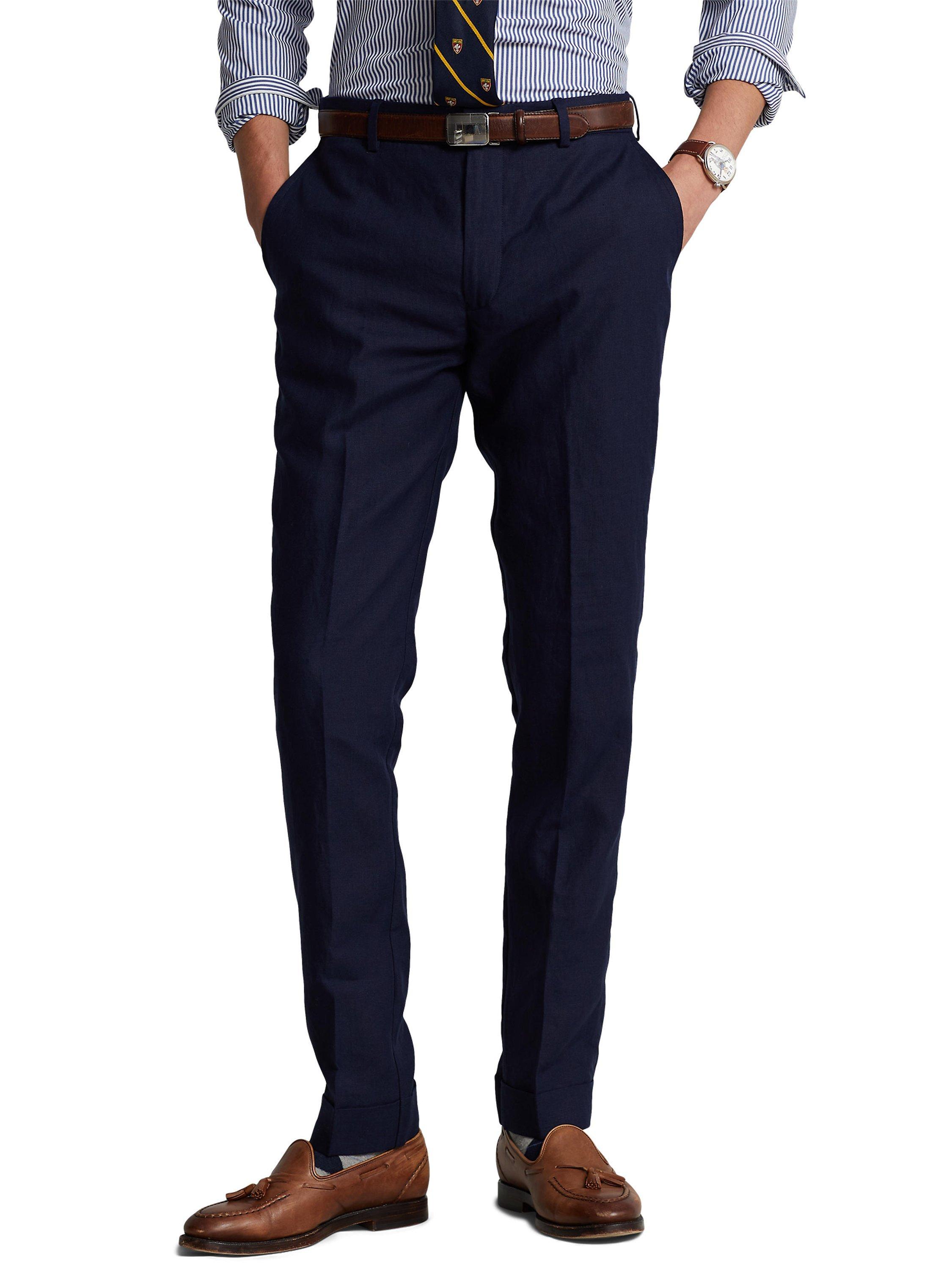 Product image 7 of 7, which shows Ralph Lauren Textured Linen Trousers, Navy, 34R