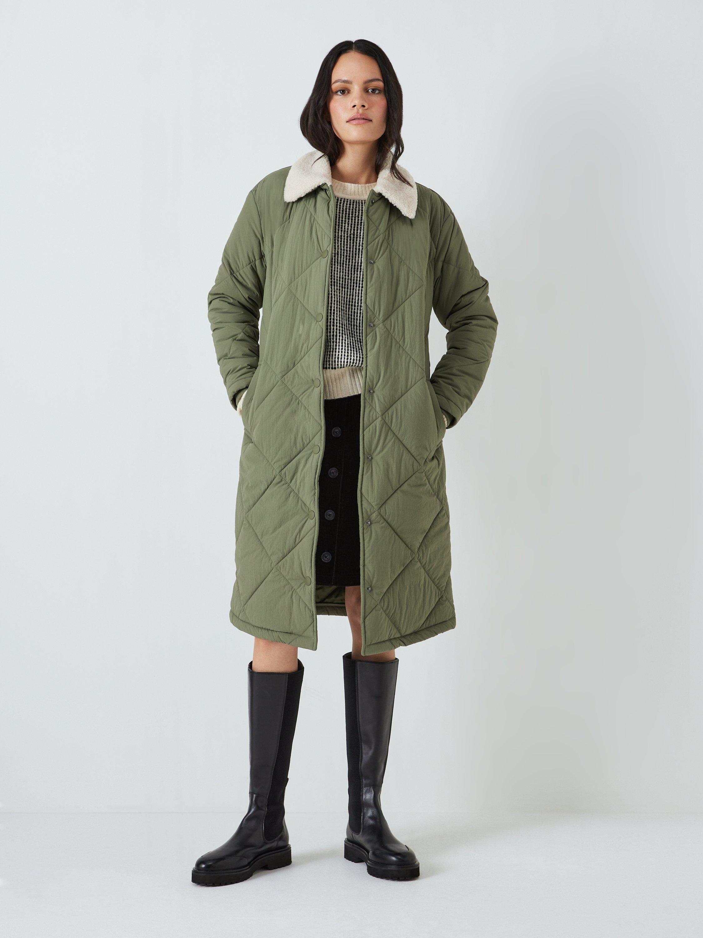 John Lewis ANYDAY Plain Borg Collar Quilted Longline Jacket, Khaki