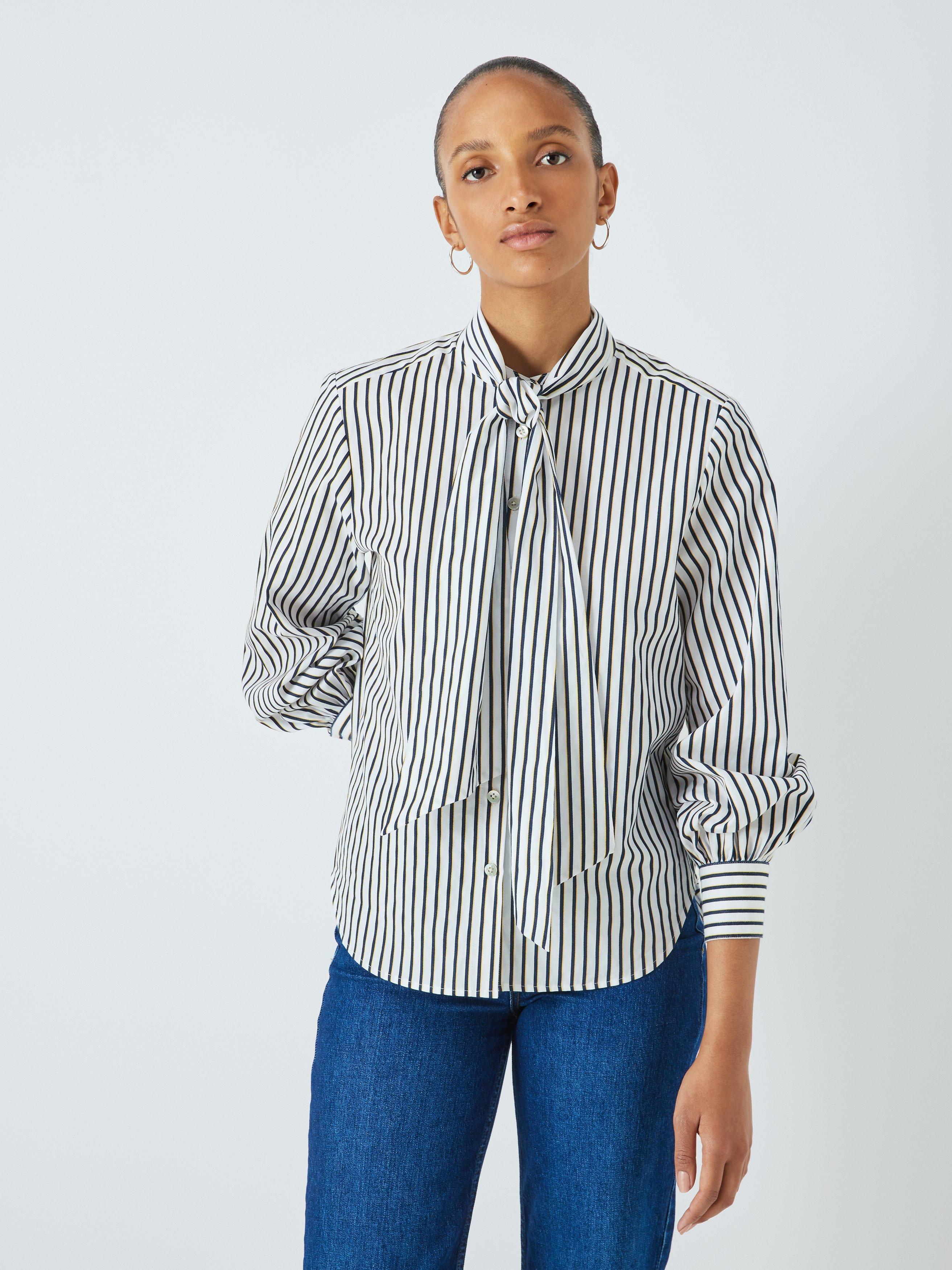 John Lewis Bow Neck Stripe Cotton Shirt, White/Multi