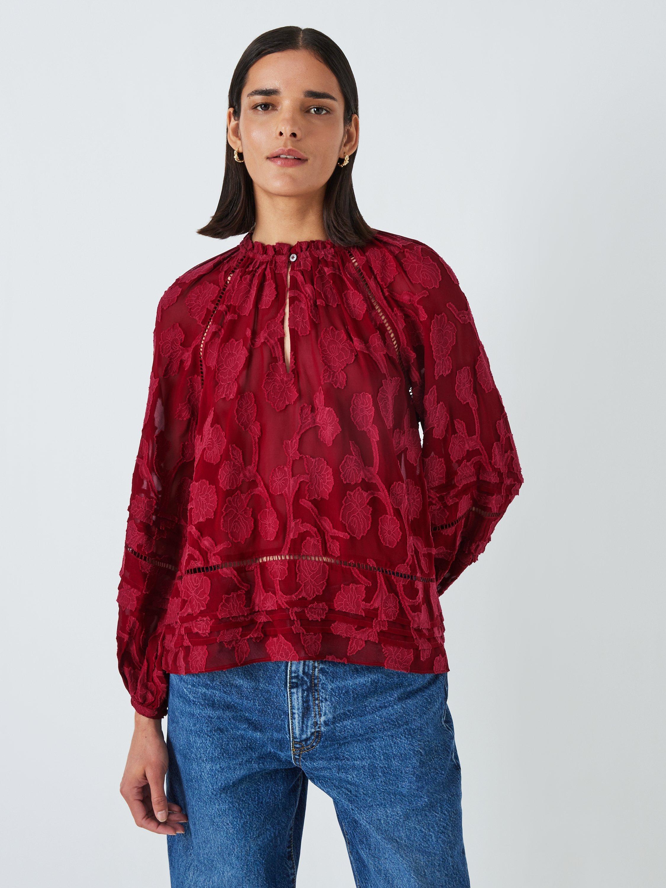 John Lewis Floral Jacquard Blouse, Dark Red