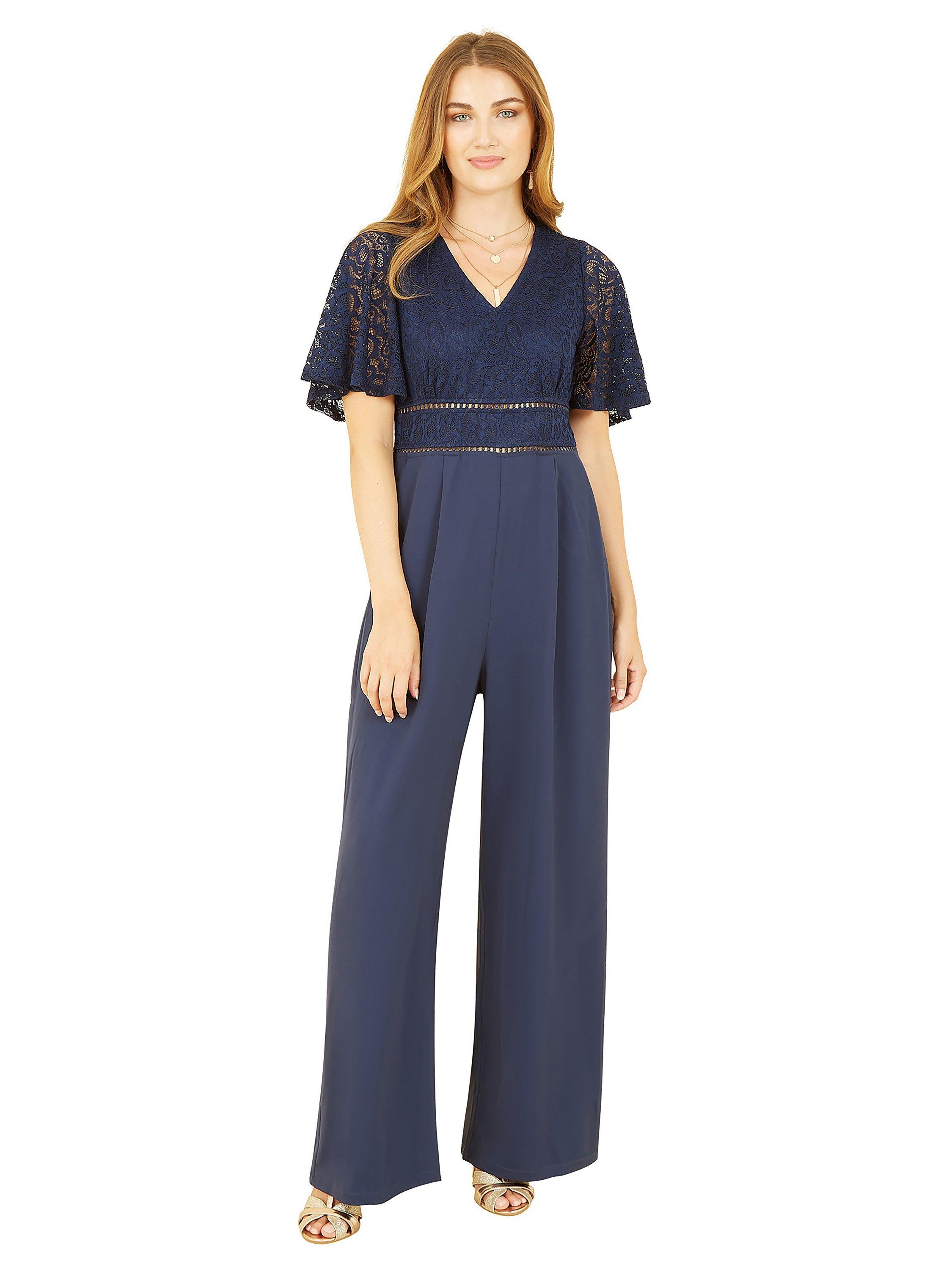 Product image 1 of 4, which shows Yumi Lace Bodice Wrap Jumpsuit, Navy, 8