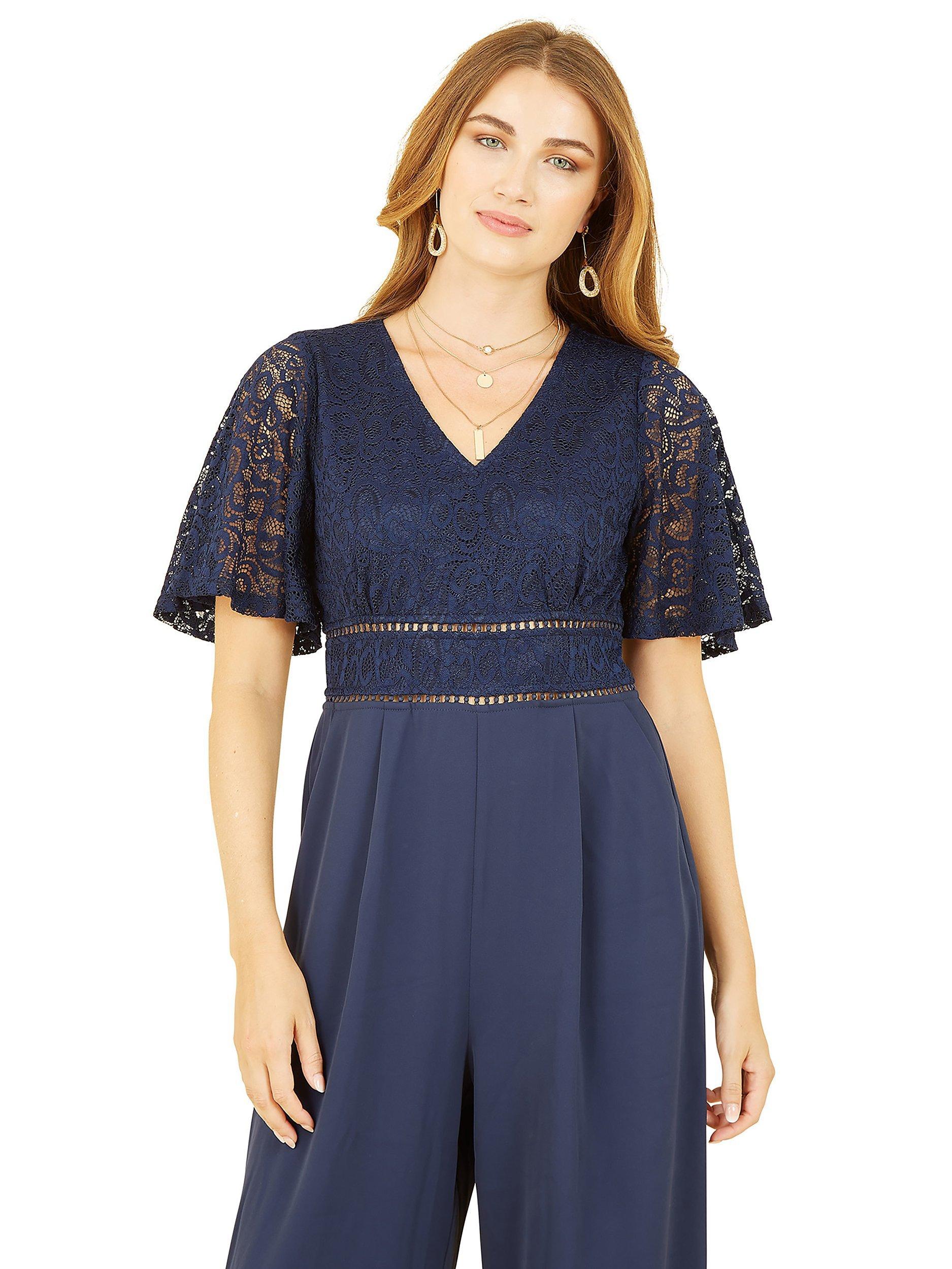 Product image 2 of 4, which shows Yumi Lace Bodice Wrap Jumpsuit, Navy, 8