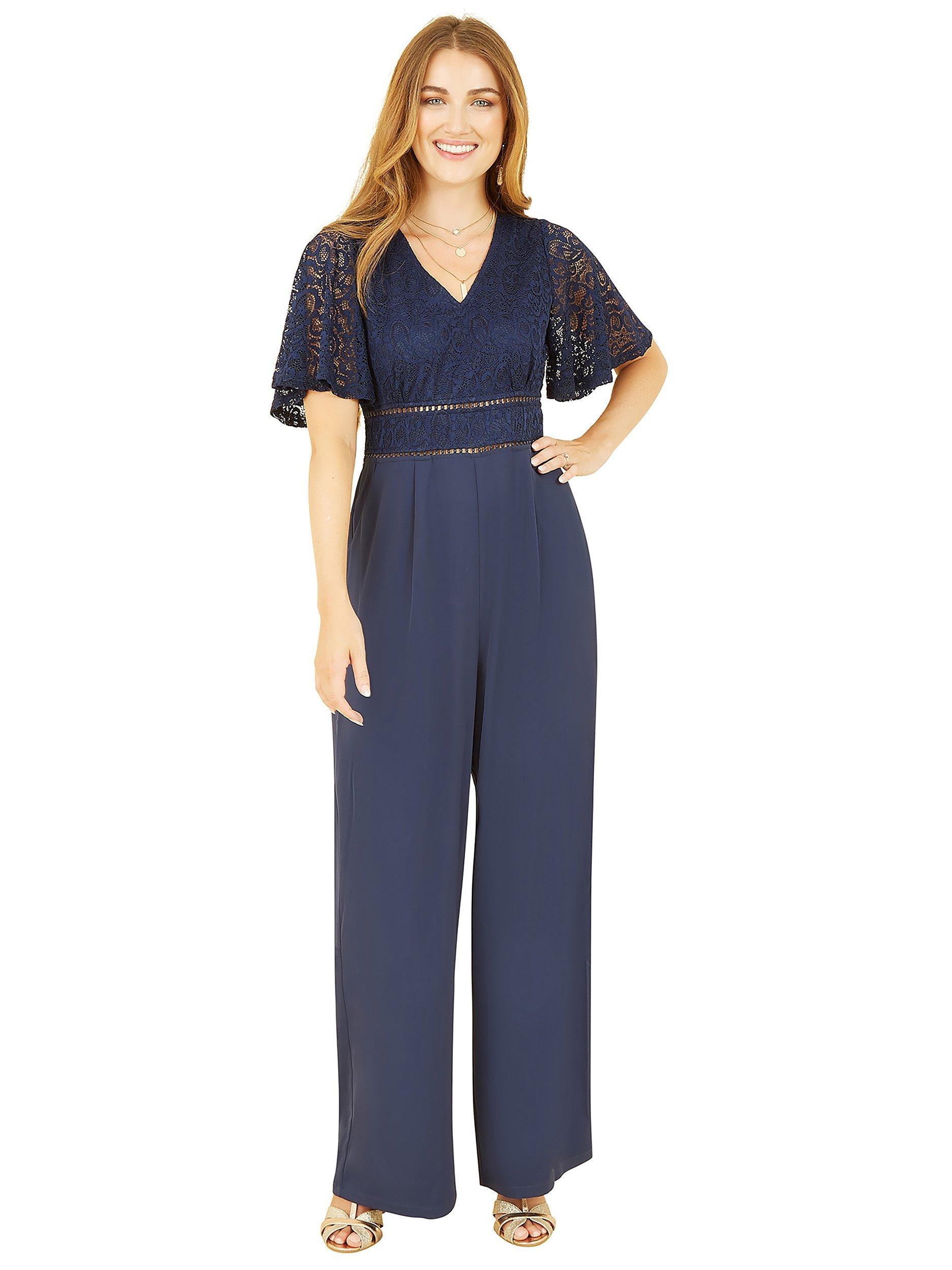 Product image 4 of 4, which shows Yumi Lace Bodice Wrap Jumpsuit, Navy, 8