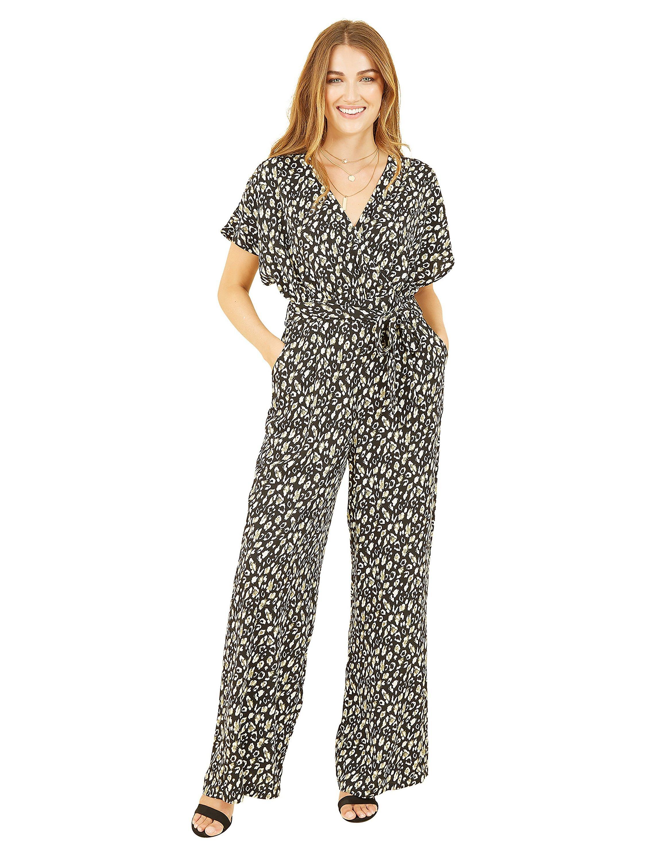 Yumi Animal Print Kimono Jumpsuit, Black