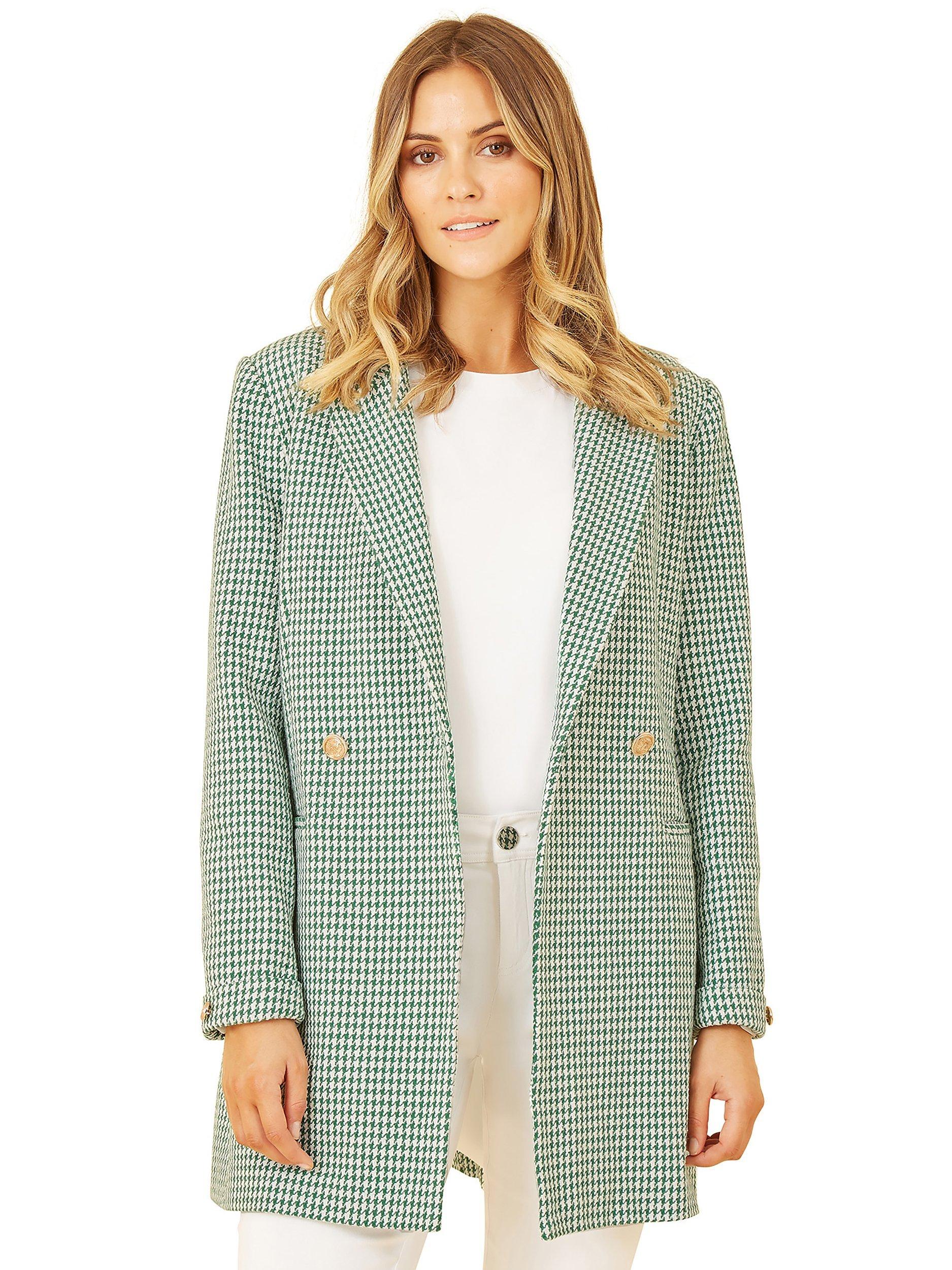 Product image 1 of 5, which shows Yumi Check Long Line Blazer, Green, 8
