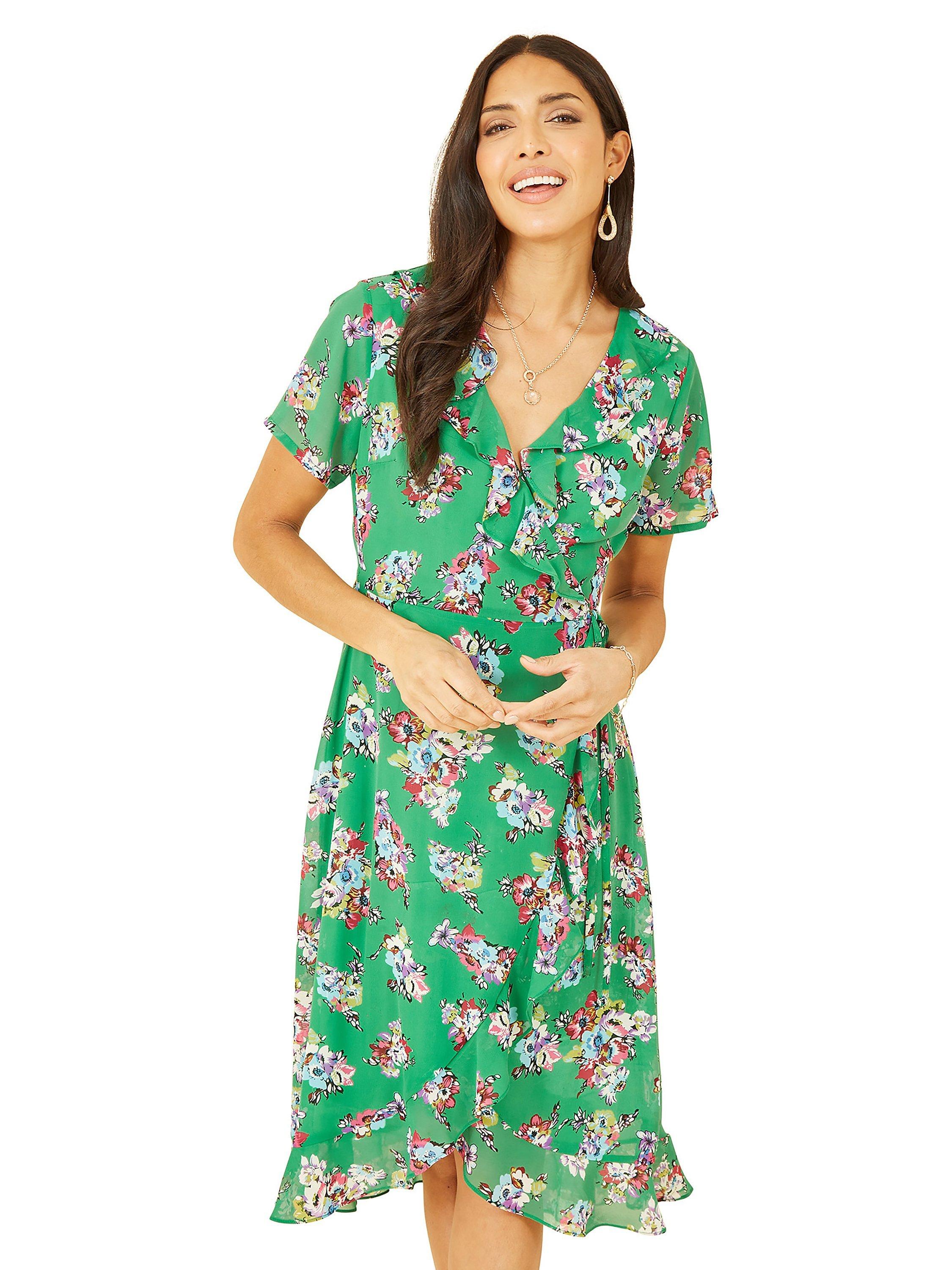 Product image 1 of 5, which shows Yumi Floral Print Wrap Dress, Green, 8