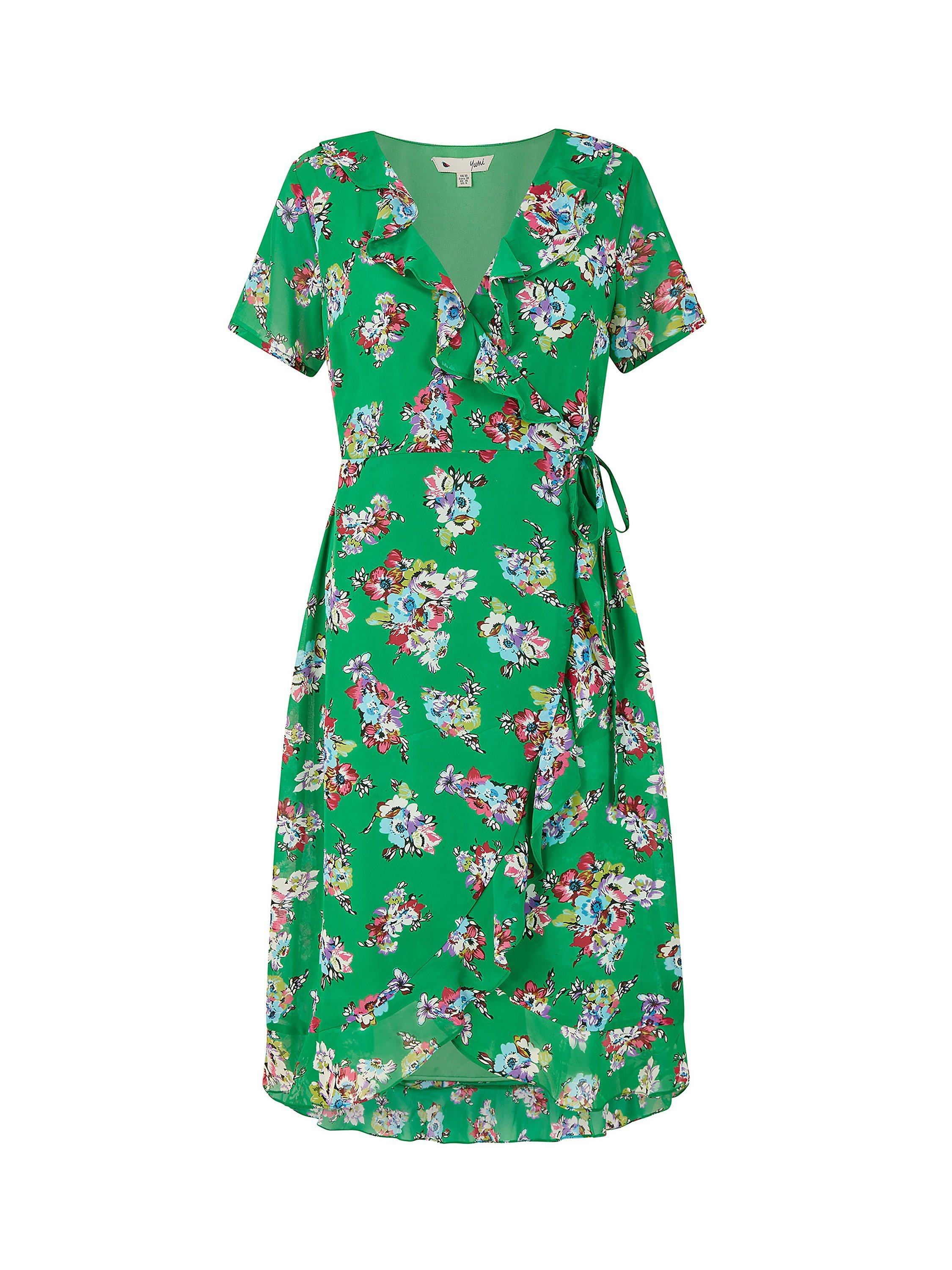 Product image 5 of 5, which shows Yumi Floral Print Wrap Dress, Green, 8
