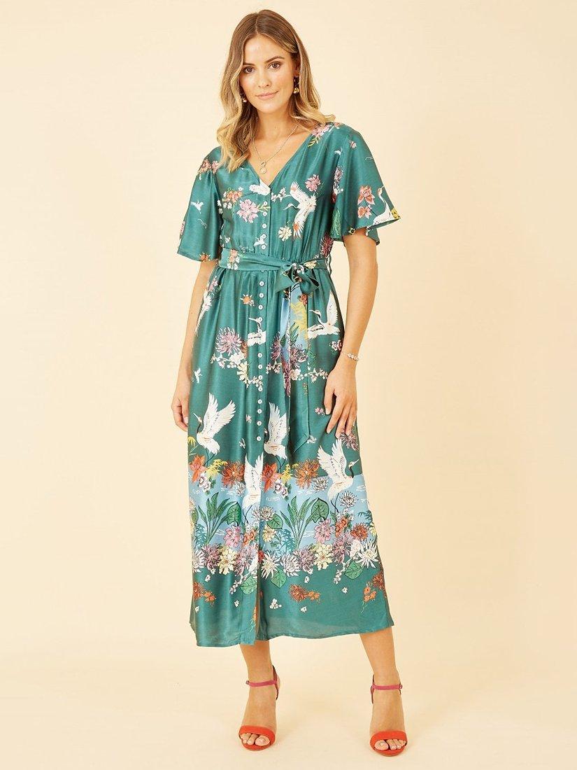 Product image 1 of 4, which shows Yumi Satin Crane Print Midi Shirt Dress, Green, 8