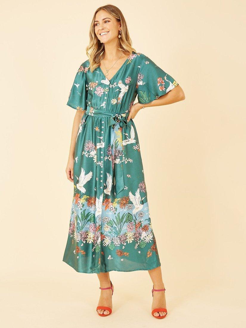 Product image 2 of 4, which shows Yumi Satin Crane Print Midi Shirt Dress, Green, 8
