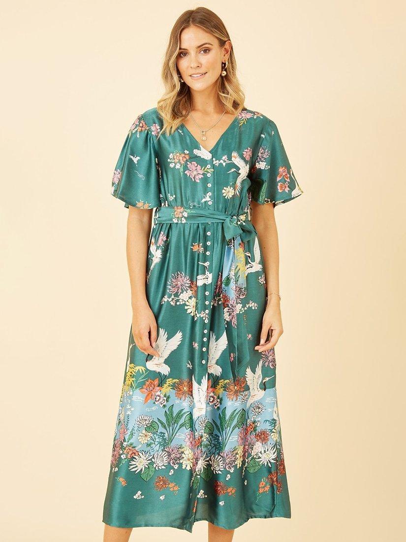 Product image 3 of 4, which shows Yumi Satin Crane Print Midi Shirt Dress, Green, 8