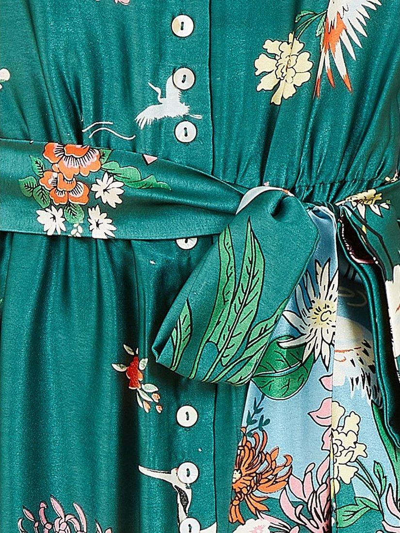 Product image 4 of 4, which shows Yumi Satin Crane Print Midi Shirt Dress, Green, 8