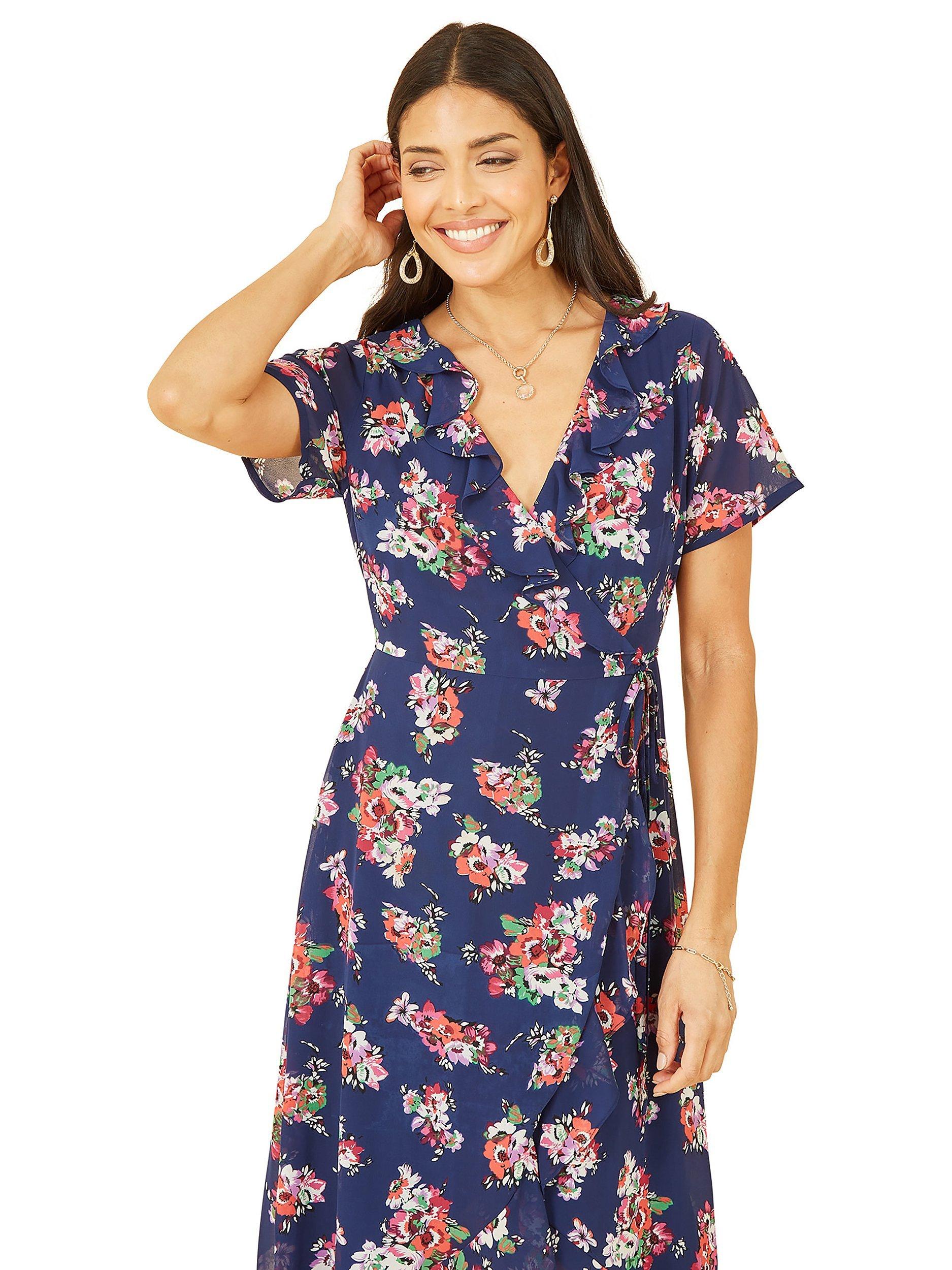 Product image 2 of 5, which shows Yumi Floral Print Wrap Midi Dress, Navy, 8
