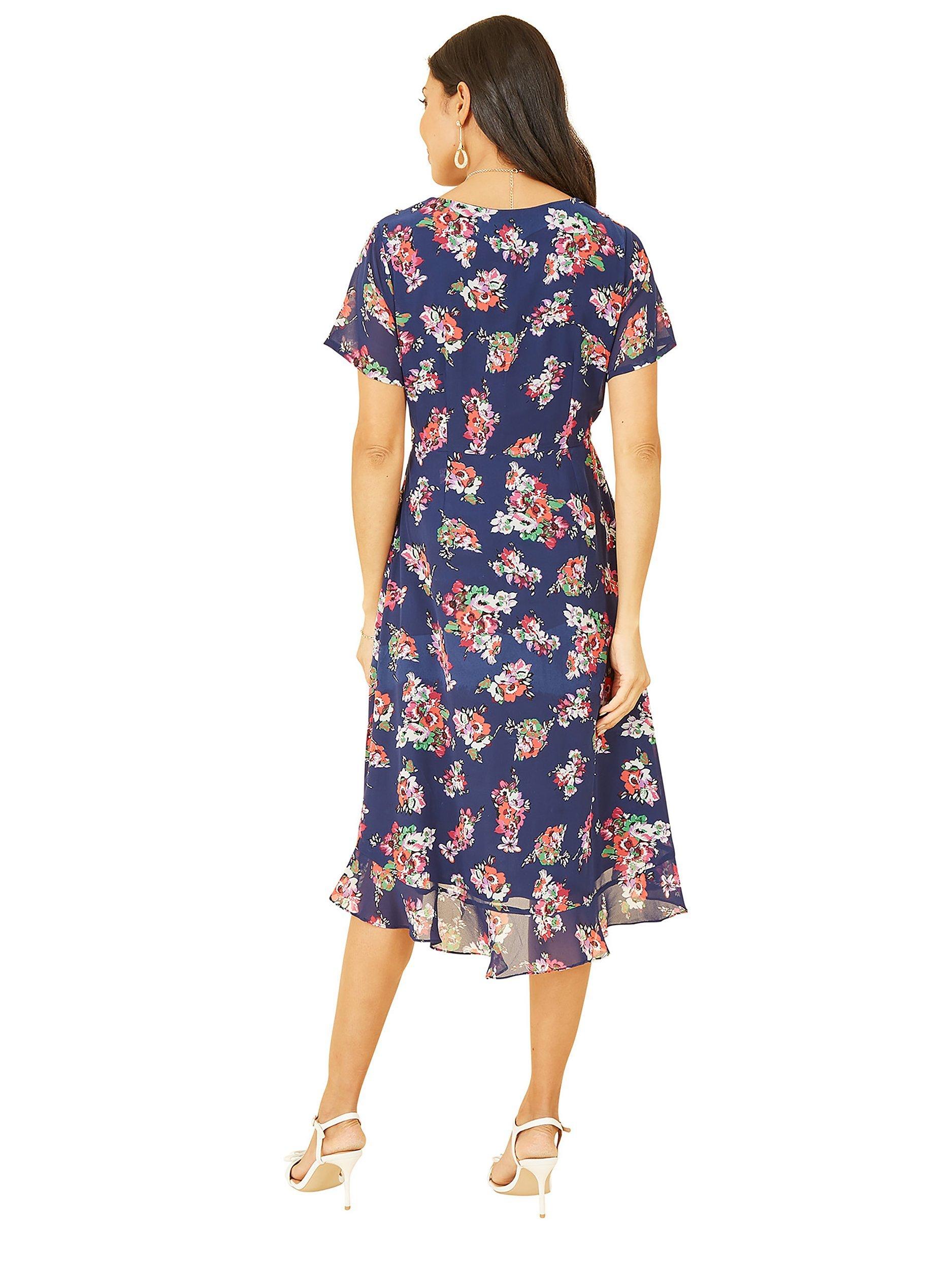 Product image 3 of 5, which shows Yumi Floral Print Wrap Midi Dress, Navy, 8
