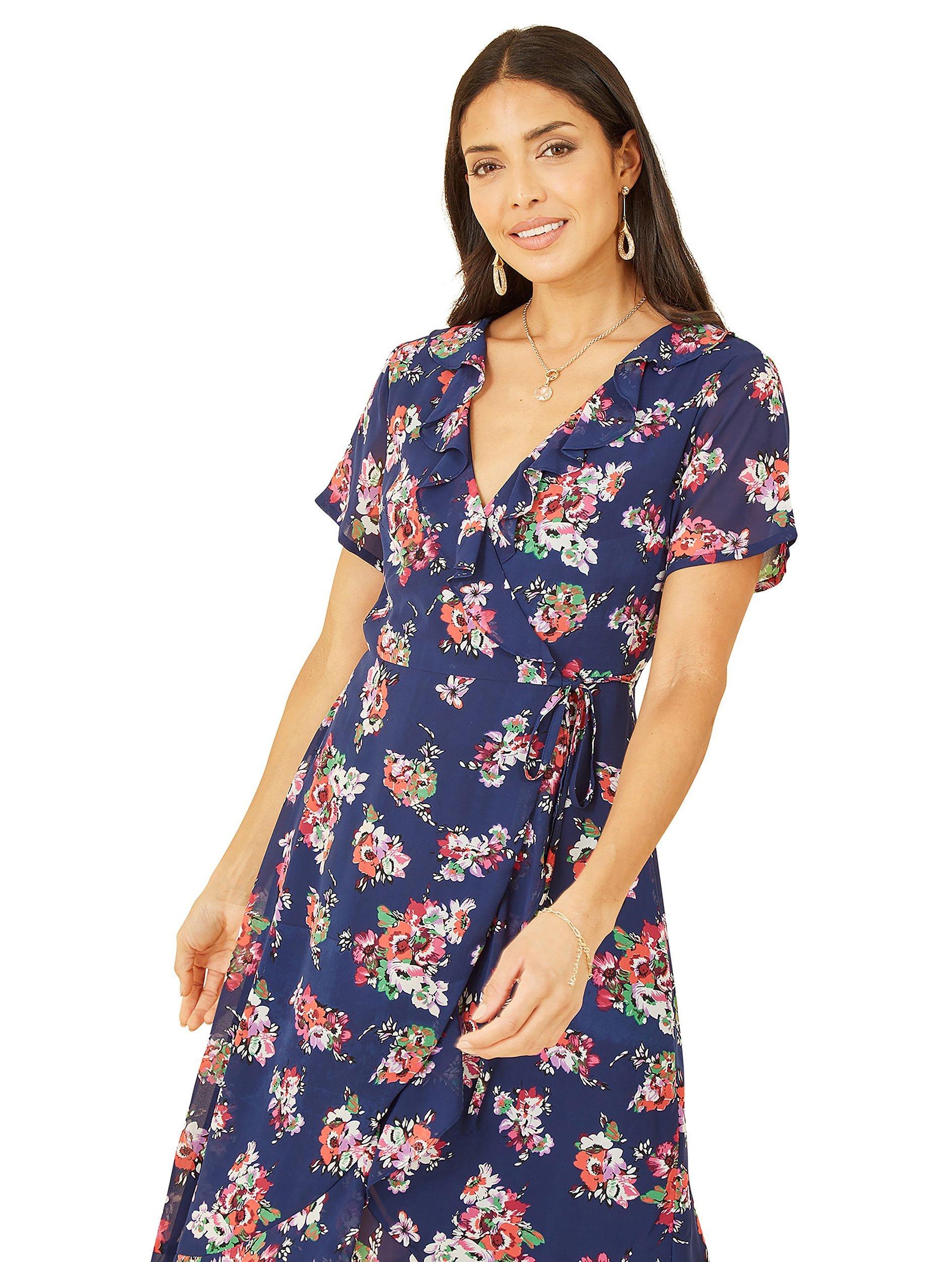 Product image 4 of 5, which shows Yumi Floral Print Wrap Midi Dress, Navy, 8