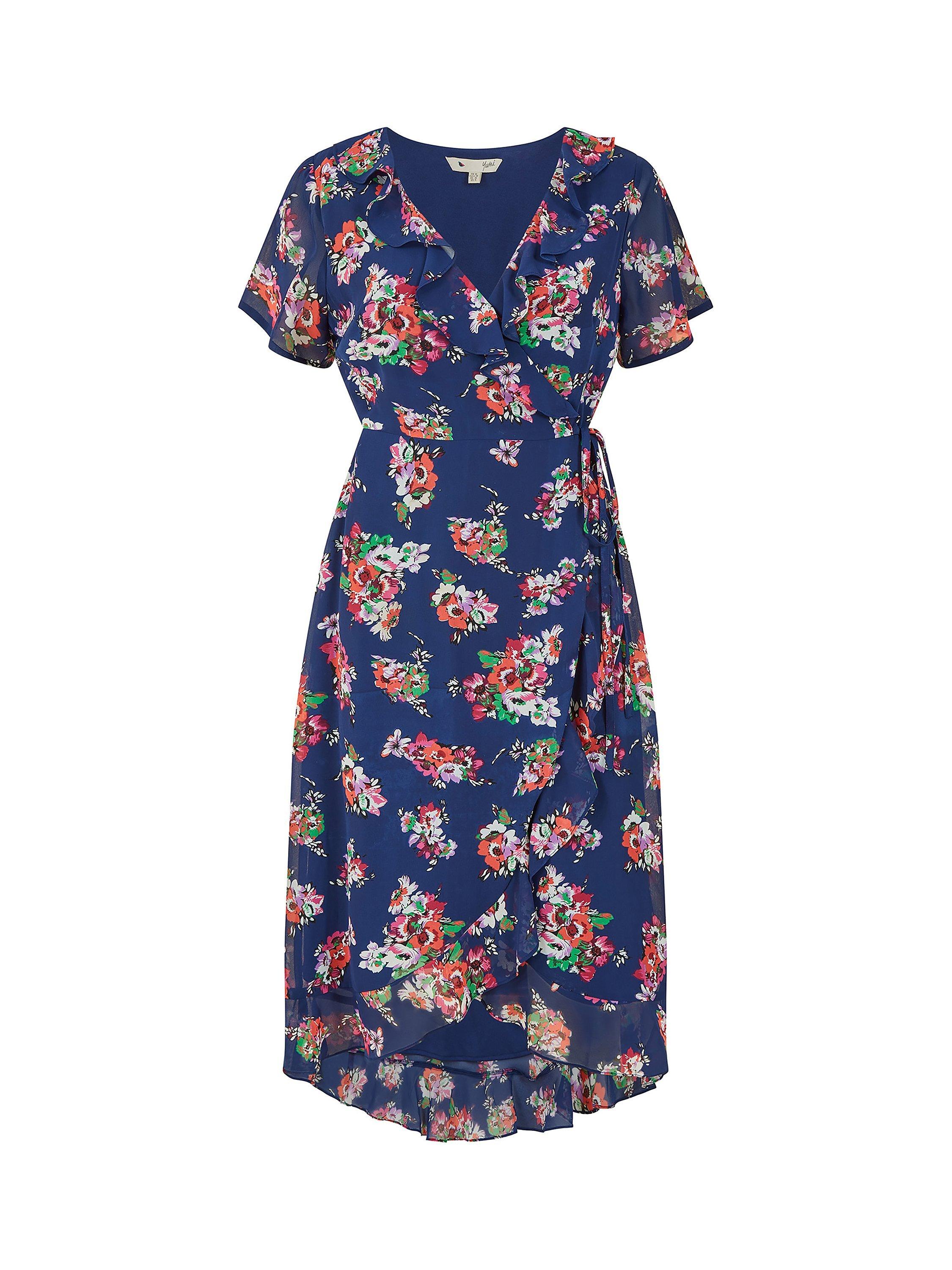 Product image 5 of 5, which shows Yumi Floral Print Wrap Midi Dress, Navy, 8