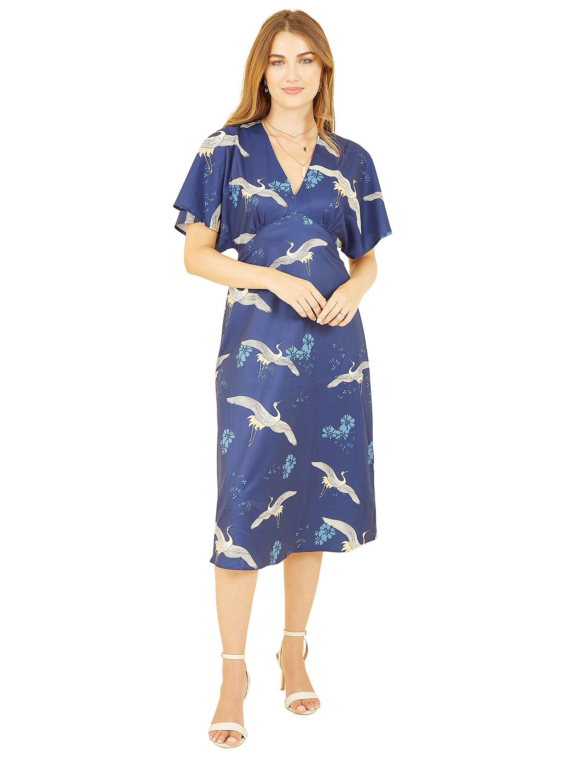 Yumi Bird Print Kimono Midi Dress Navy