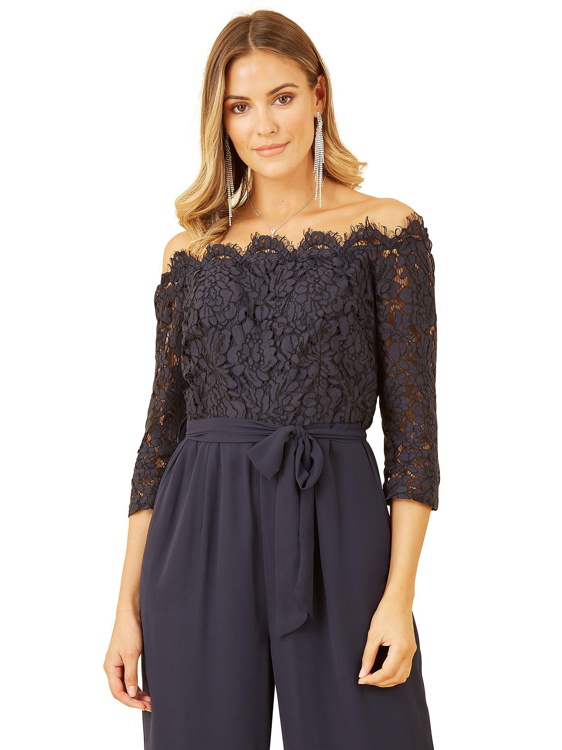 Product image 3 of 4, which shows Yumi Lace Bardot Jumpsuit, Navy, 12